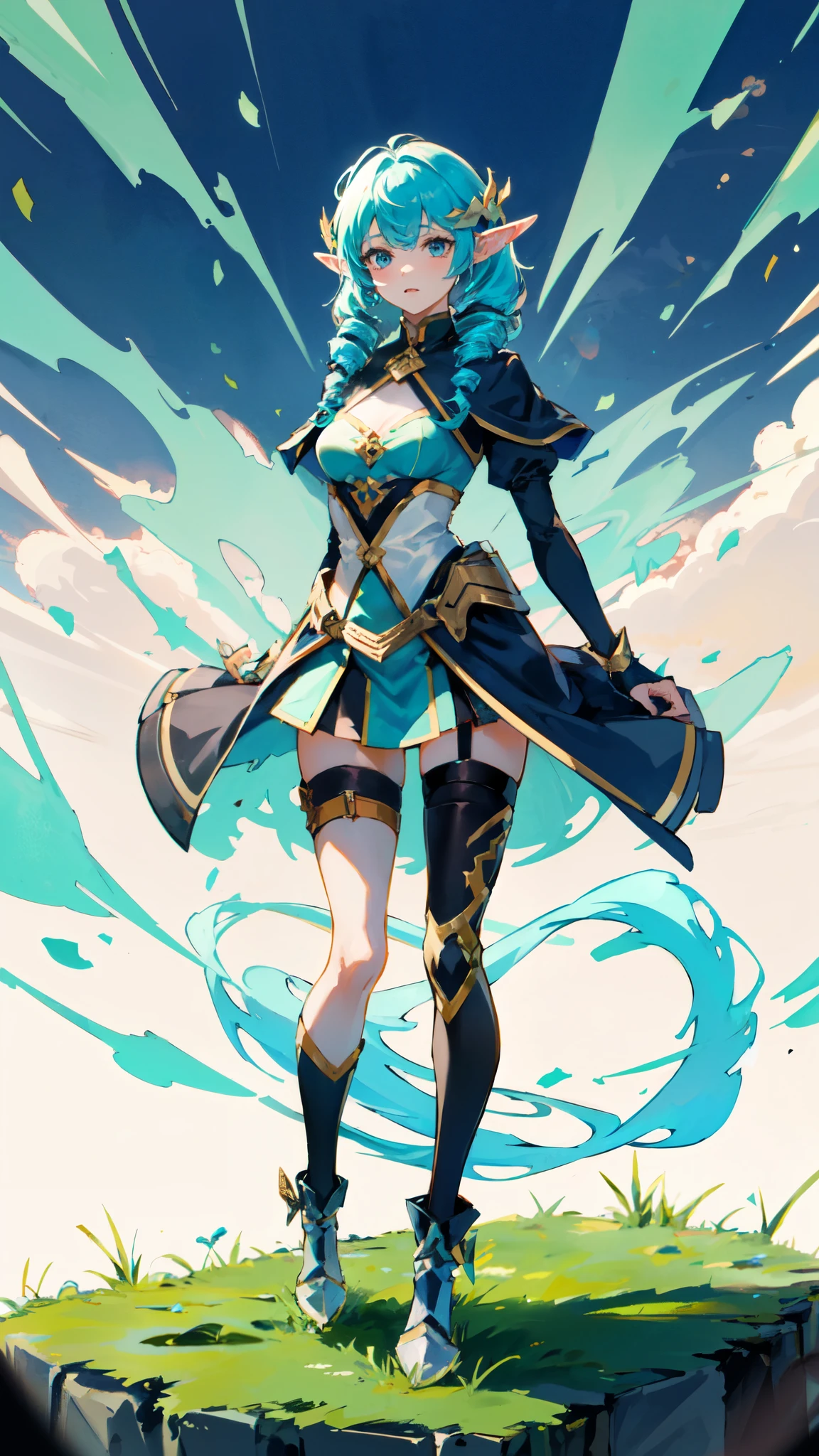 1 girl,solo, masterpiece, best quality,full-body shof ears，Elf Ranger，Green clothes，leaf armor，perfect lighting, Double tail, drill hair, blue hair, blue eyes, Gwen, 