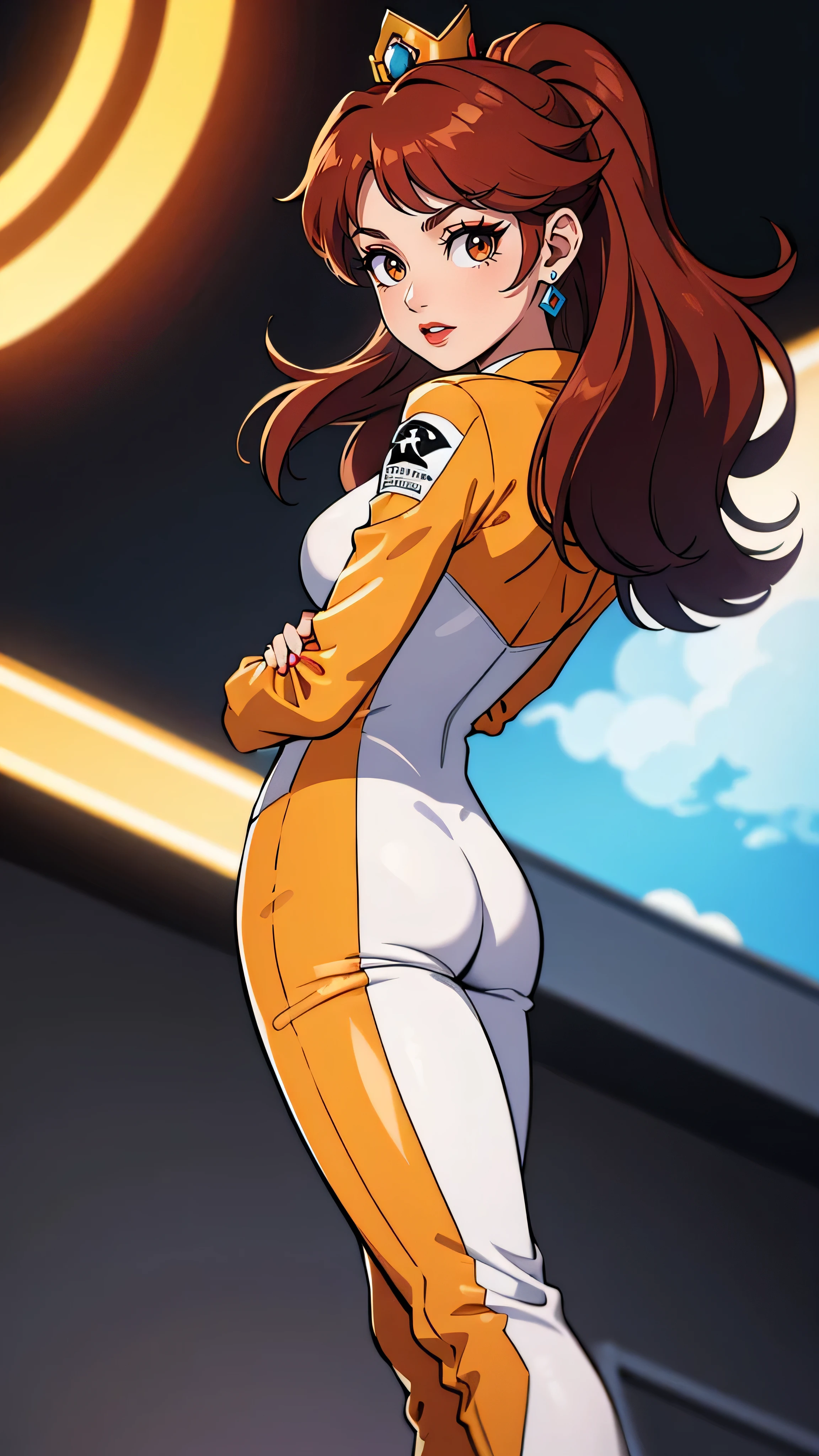 ((high detailed, best quality, 4k, masterpiece, hd:1.3)), (Mario_Kart_speedway), Princess Daisy posing, Daisy_SM, (BREAK neon blue eyes), (neon blue eyes), seductive, attractive, sexy smile, smiling, big smile, smooth anime cg art, 36C breasts, long legs, vivid colors, detailed digital art, slim body, perfect skin, dark red hair, long red hair, dark hair, red hair, BREAK crown, looking at viewer, BREAK looking at viewer, extremely detailed face, (orange and white jumpsuit), (Jumpsuit:1.5), (orange and white racing suit), (racing suit:1.5), (high heels), full body, earrings, gem, dark black makeup lips, dark gothic eyeshadows, dark eyeshadows, black eyeshadows, black sexy lips, red lips, dark red lips, very dark red lips, detailed lips, detailed red lips, red painted lips, gothic painted lips, (thin_lips), (very thin lips), dark gothic eyeshadows, dark eyeshadows, black eyeshadows, (perfect hands, perfect anatomy), black makeup, detailed fingers, five fingers per hand, 5 fingers, (1 girl), detailed lips, (breasts out:1.3), BREAK night, (with your back turned:1.5, looking back pose), (looking back), (from below:1.3), (crossed arms:1.3),