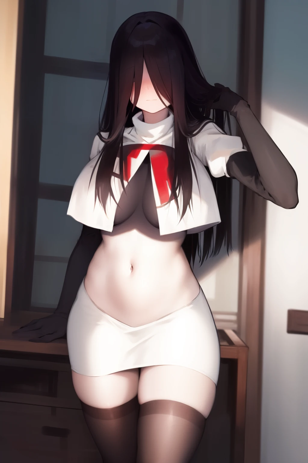 masterpiece, detailed, high quality, absurdres, sadako, (hair over eyes), pale skin, blush, large breasts, curvy, navel, stomach, groin, team rocket,team rocket uniform, red letter R, white skirt,white crop top,black thigh-highs, black elbow gloves,