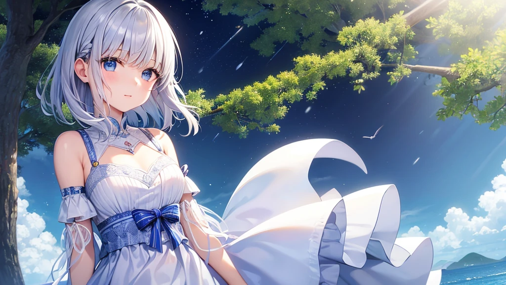 super high quality, with a girl, 20-year-old, とてもshort hair, long bangs between the eyes, pale blue eyes , blue sky, sunlight, very detailed,(masterpiece、highest quality)、alone、gray hair、laughter、White skin as clear as snow、fantasy, silver hair, black eye, beautiful eyes,, ecstasy, charm, be smitten with audience, short hair、fantasyな風景,seaside