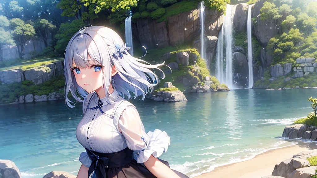 super high quality, with a girl, 20-year-old, とてもshort hair, long bangs between the eyes, pale blue eyes , blue sky, sunlight, very detailed,(masterpiece、highest quality)、alone、gray hair、laughter、White skin as clear as snow、fantasy, silver hair, black eye, beautiful eyes,, ecstasy, charm, be smitten with audience, short hair、fantasyな風景,seaside