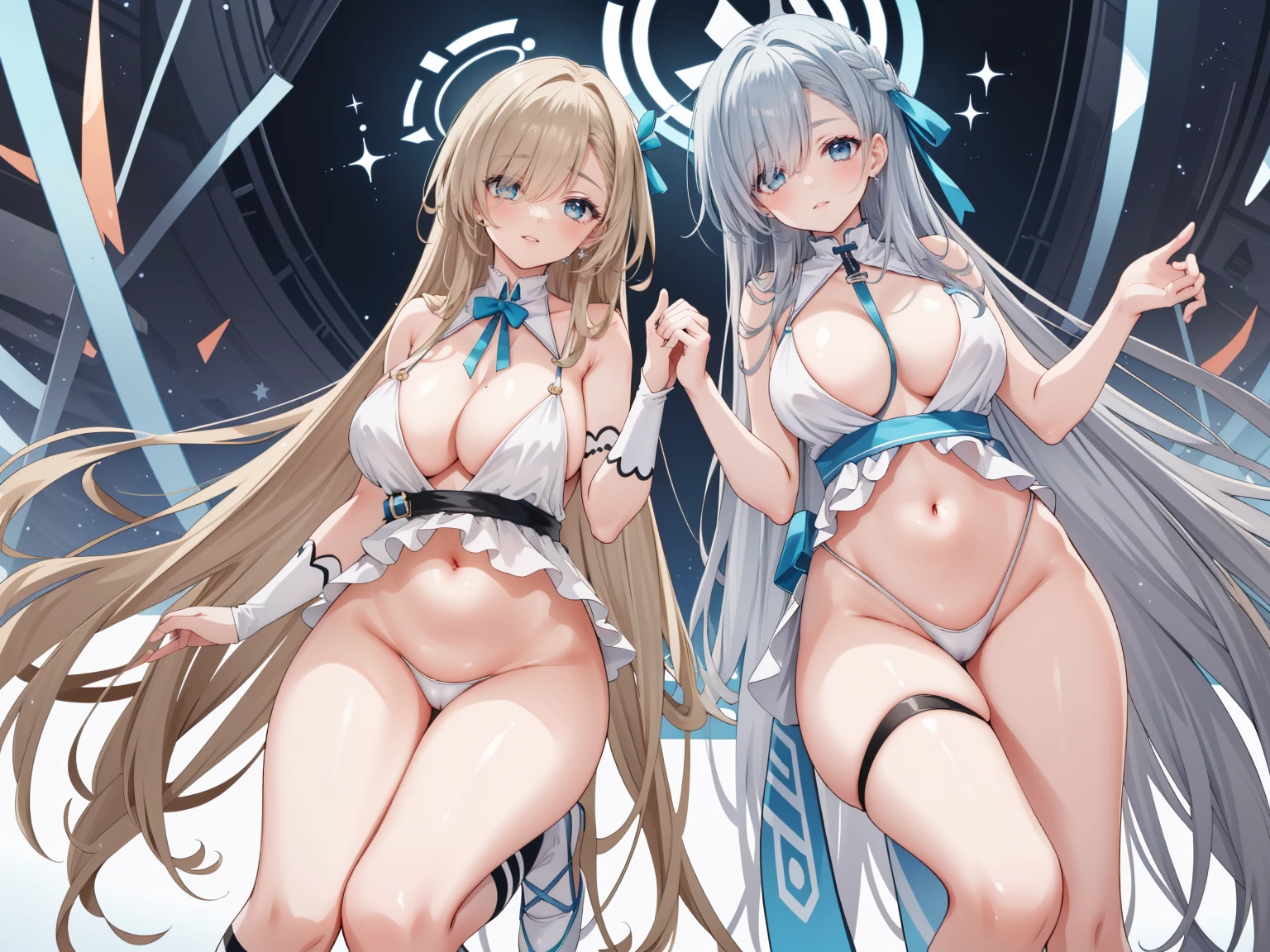 (high resolution), (The best resources), (high quality), (masterpiece), 1 plump girl, Asuna, blue eyes, long gray hair, halo, hair covering one eye, very long hair, light brown hair, (, Cracked Contrast Glue High Socks, Red latex, praying hands logo, looking at the audience, 8K HD RTX, Delicate finger detailing,Obscenity exposed,slim figure,Smile