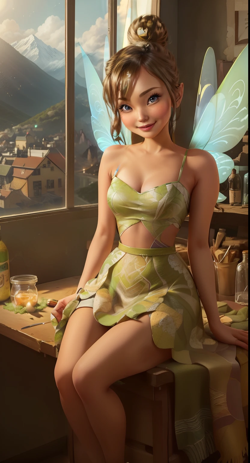 (Tinker Wife:1), smile, cute, cute pose, looking at the viewer, thick thighs, single hair bun hair, short hair, (Strapless Green Dress:1), (fairy wings), sitting, (chest focus:1.2), From above, 
(realistic:1.2), (realism), (masterpiece:1.2), (highest quality), (Super detailed), (8K, 4K, Complex),(full body shot:1),(cowboy shot:1.2), (85mm),particles of light, lit, (very detailed:1.2),(detailed face:1.2), (Gradation), software, colorful,(fine eyes:1.2),
(detailed landscape, in a glass bottle:1.2),(detailed background),detailed landscape, (dynamic angle:1.2), (dynamic pose:1.2), (third law_composition:1.3), (Action range:1.2), wide shot, dawn, alone,