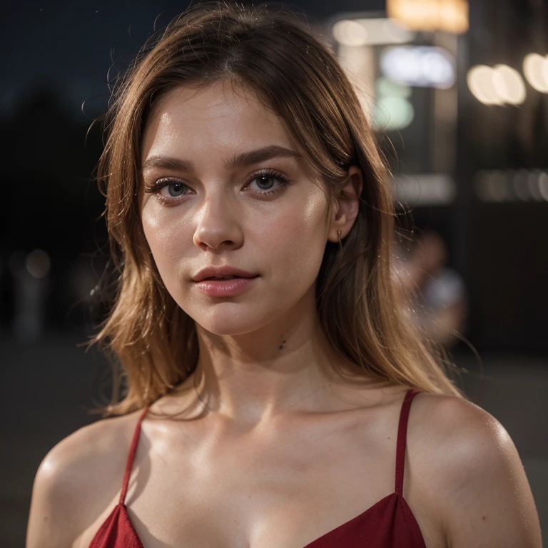 Aida Baiardi) (hyper realistic) (8k photography) natural beauty, blonde hairs, medium hairs, (perfect face) blue big eyes, upturned nose, full lips, slim and athletic, side glance, night time, long dark red dress