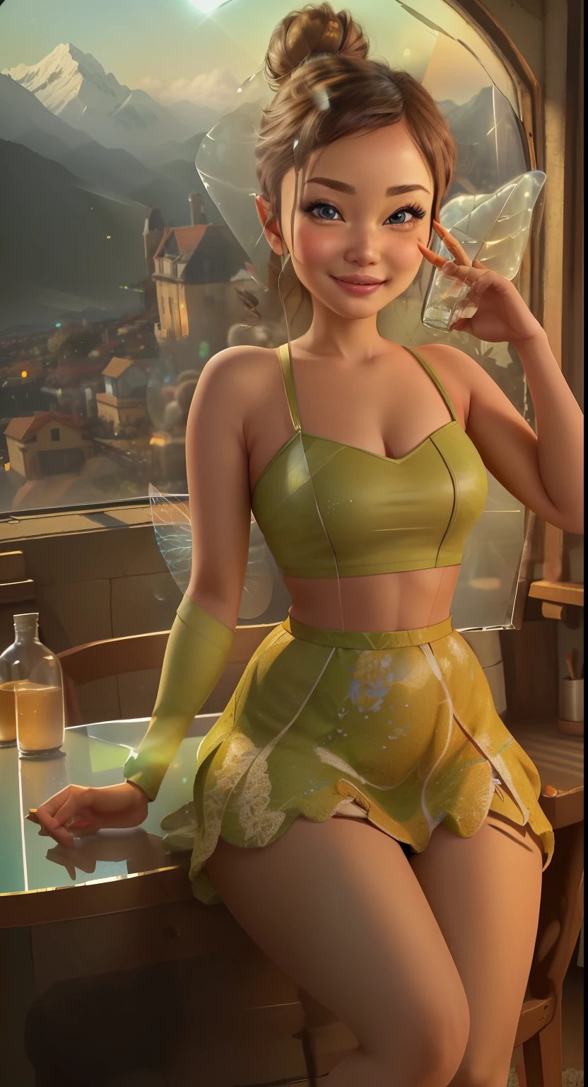 (Tinker Wife:1), smile, cute, cute pose, looking at the viewer, thick thighs, single hair bun hair, short hair, (Strapless Green Dress:1), (fairy wings), sitting, (chest focus:1.2), From above, 
(realistic:1.2), (realism), (masterpiece:1.2), (highest quality), (Super detailed), (8K, 4K, Complex),(full body shot:1),(cowboy shot:1.2), (85mm),particles of light, lit, (very detailed:1.2),(detailed face:1.2), (Gradation), software, colorful,(fine eyes:1.2),
(detailed landscape, in a glass bottle:1.2),(detailed background),detailed landscape, (dynamic angle:1.2), (dynamic pose:1.2), (third law_composition:1.3), (Action range:1.2), wide shot, dawn, alone,