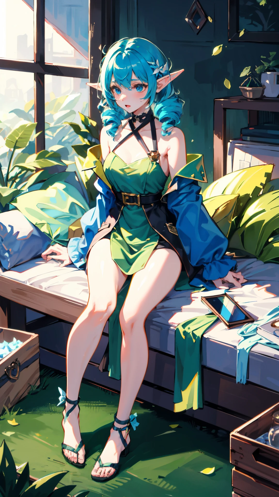 1 girl,solo, masterpiece, best quality,full-body shof ears，Elf Ranger，Green clothes，leaf armor，perfect lighting, Double tail, drill hair, blue hair, blue eyes, Gwen, 