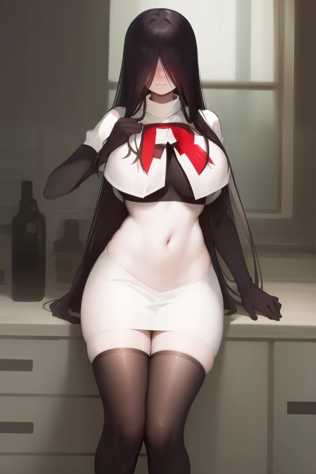 masterpiece, detailed, high quality, absurdres, sadako, (hair over eyes), pale skin, blush, large breasts, curvy, navel, stomach, groin, team rocket,team rocket uniform, red letter R, white skirt,white crop top,black thigh-highs, black elbow gloves,