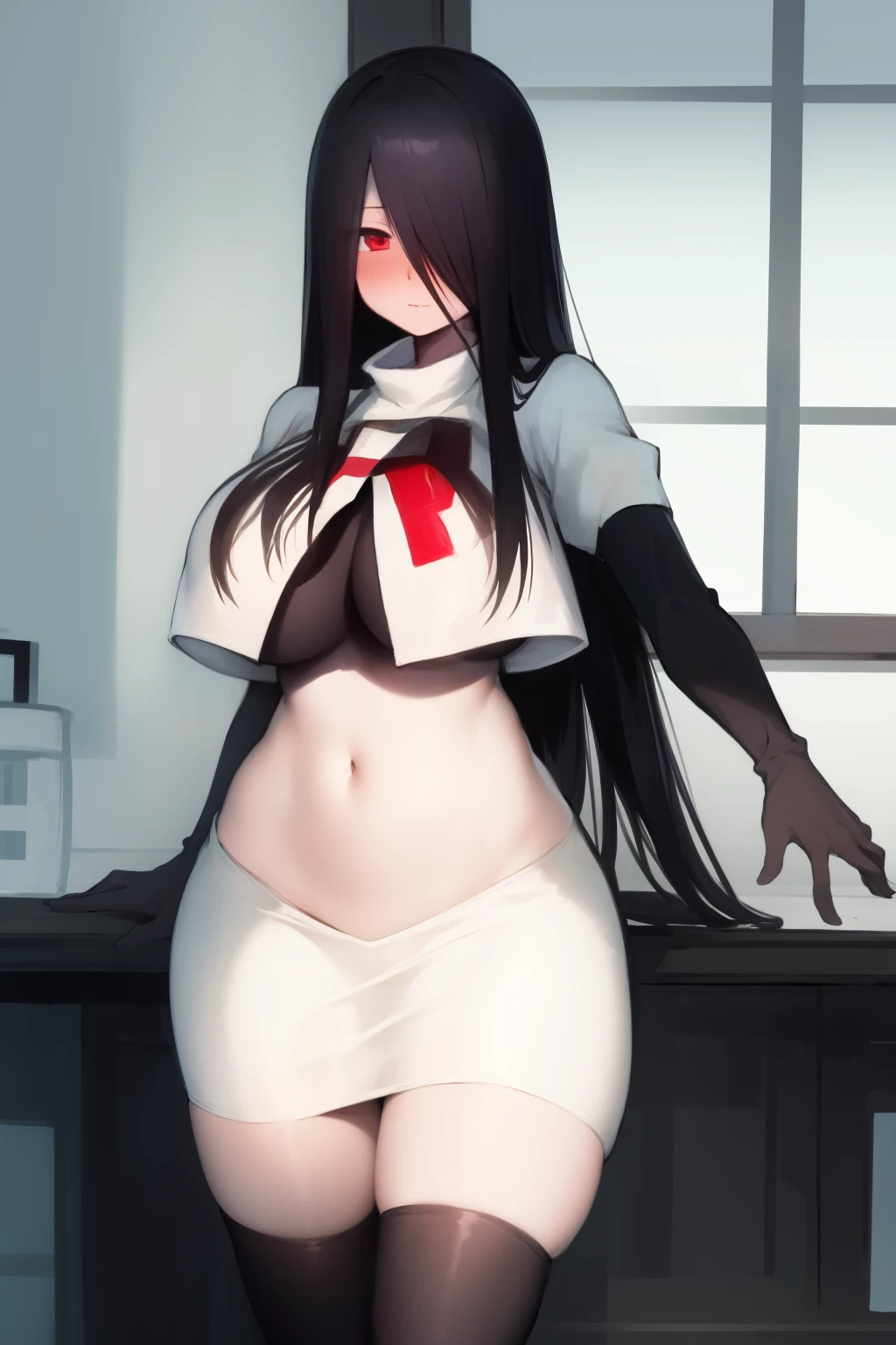 masterpiece, detailed, high quality, absurdres, sadako, (hair over eyes), pale skin, blush, large breasts, curvy, navel, stomach, groin, team rocket,team rocket uniform, red letter R, white skirt,white crop top,black thigh-highs, black elbow gloves,