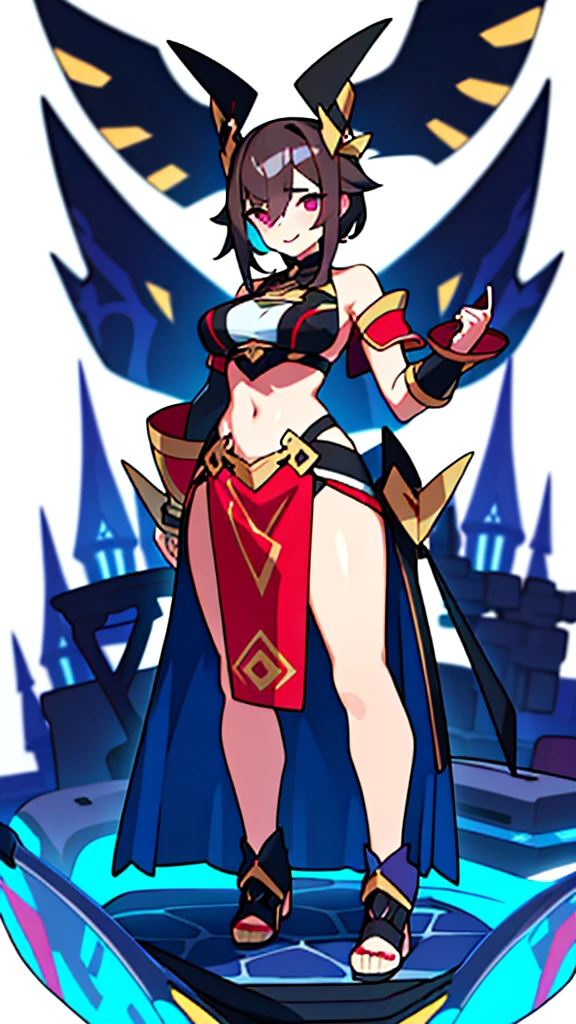 stand posture, cute eyes, 1girl, solo, high fantasy cloth, ((white background)), full body, holding weapon, crop top, 
