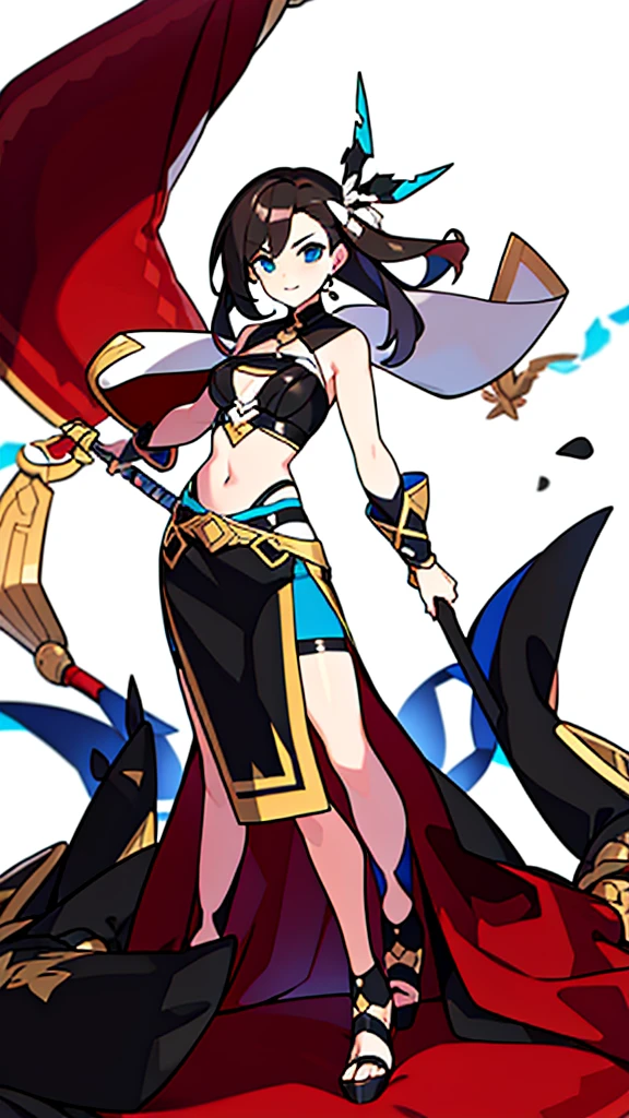 solo female, midriff, (((blurry background, white background))), character focus, fantasy clothes, standing, groves, character design,