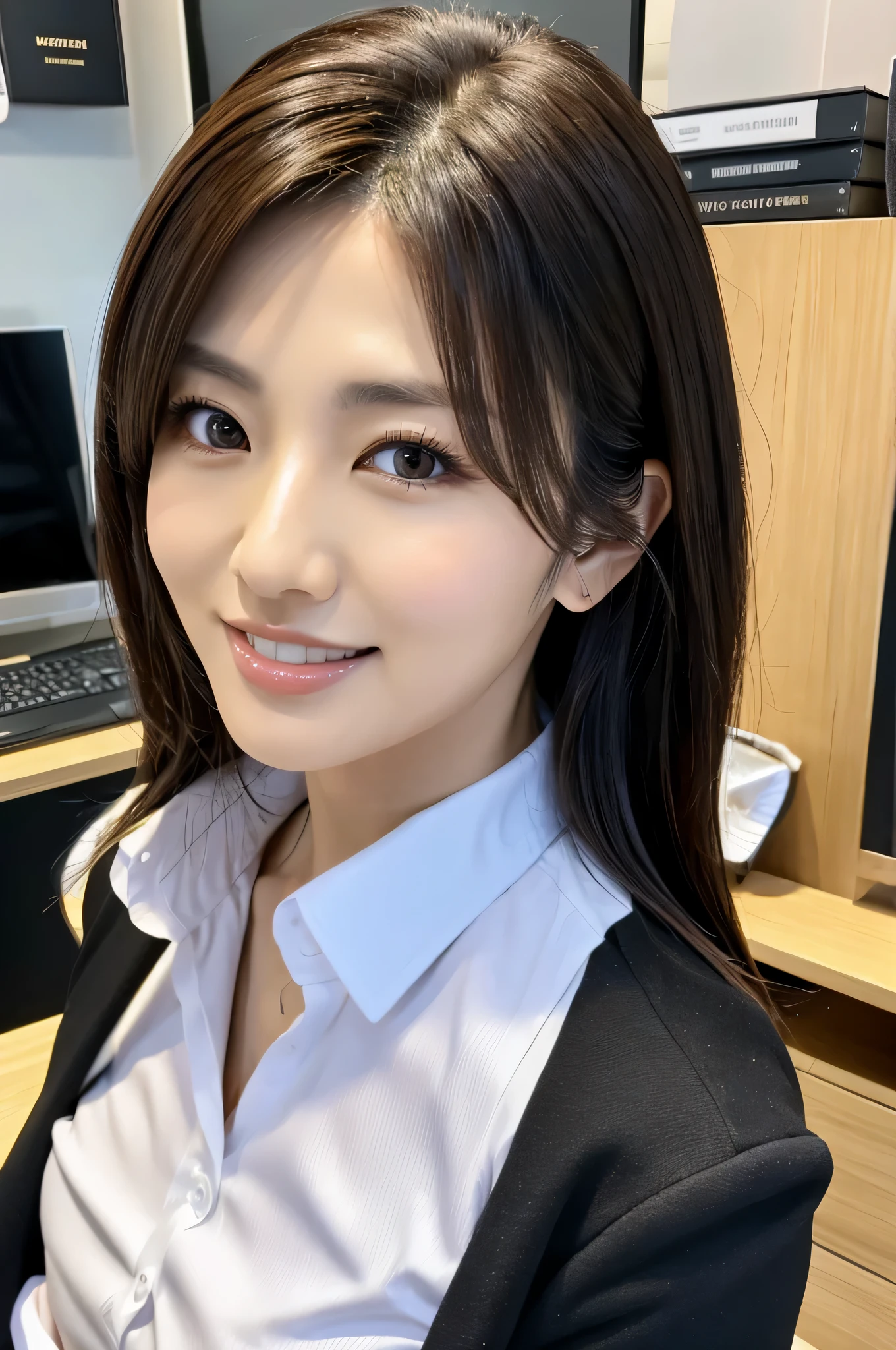 Highest resolution, 4K, Masterpiece: 1.3), A Japanese milf, Sexy: 1.1, fine eyes, Slender figure, Realistic teeth, double eyelids, full body, best quality, detailed, business suits, at the office, naked