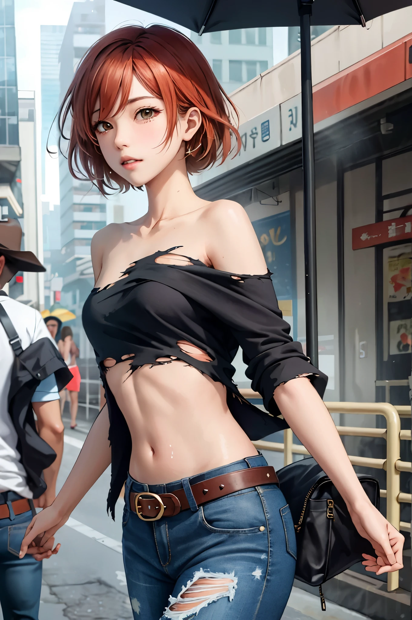 Hoshizora rin, Best Quality,(beauty), 1girl,phisically-based render ,ultra highres,(cowboy shot:1.5),narrow waist, skinny, big eyes,long legs,torn jeans,leather belt,small breasts,puffy eyes, leather belt,(rainy city), shiny skin, facing viewer, Victory posture,(midriff:0.7), sweating, flying sweat drops,torn top,off shoulder,(torn clothes:1.3)