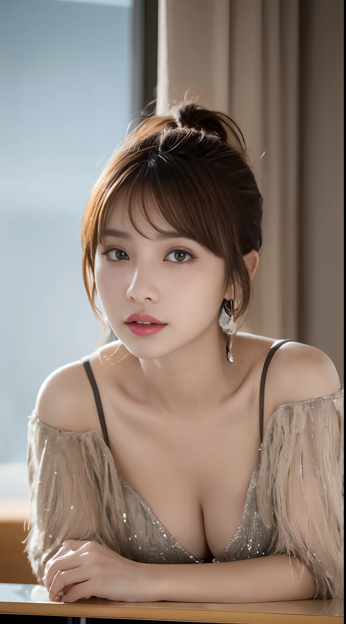 finely, High resolution, high quality、完璧なダイナミックな構figure, beautiful and fine eyes, medium hair, small breasts、natural color lip,Kamimehibuya、20 year old girl、1 person、transparent skin、shining hair、table top, 最high quality, figure, super detailed, finely, High resolution, 8K、correct state of the human body、Randomly cute poses,ponytail hair,beautiful feet,perfect beautiful face,KPOP idol face,A face of ecstasy,Off-shoulder dress,background blur,Randomly dress up as a model for a women's fashion magazine,room