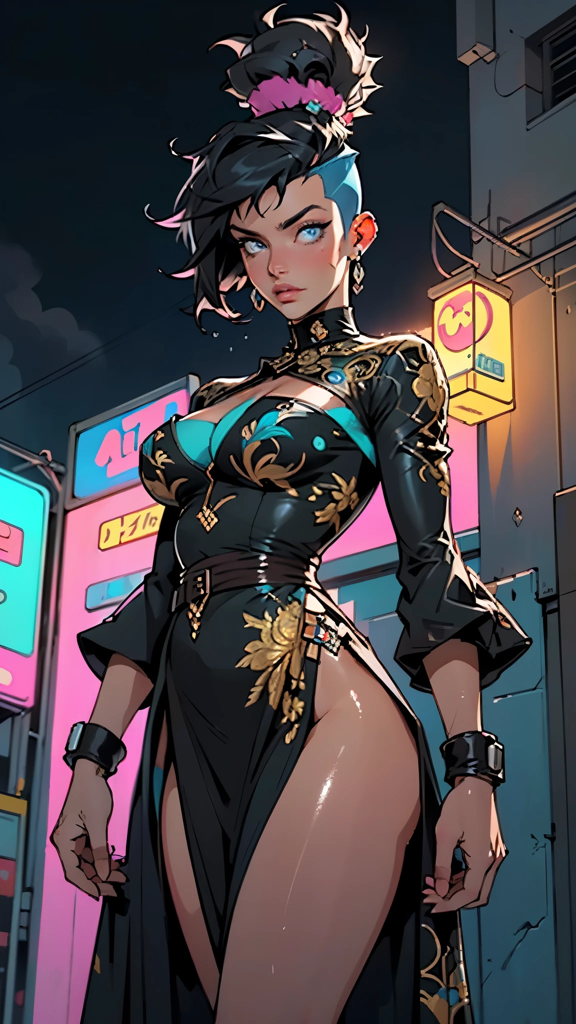woman in evening dress,(((1woman))),((beautiful woman)),woman,1female,((milf,mom,mature,mature woman,45 years old female,adult)),
(large breasts:1.4),saggy breasts,(((black hair:1.4,hi-top fade Haircut:1.5,hi-top fade:1.5,Mohawk:1.5))),(((blue_eyes:1.3))),intricate eyes,beautiful detailed eyes,symmetrical eyes,((fat)),(((lustrous skin:1.5,bright skin: 1.5,skin tanned,shiny skin,very shiny skin,shiny body,plastic glitter skin,exaggerated shiny skin,illuminated skin,wet legs))),(spider lower abdomen,narrow waist,wide hip,imbo body,inflated legs, thick thighs,detailed body,(detailed face)),
cute,slutty,seductive,erotic,(((nsfw))),evil woman, villain, ambitious look,
((strapless draped long dress)),metallic blue dress,(((deep neckline,cleavage))),((wet clothes,intricate outfit,intricate clothes,ornate outfit,ornate clothes,embroidered outfit,embroidered clothes)),
(dynamic pose:1.0),solo focus,((smug)),(centered,scale to fit dimensions,Rule of thirds),
cyberpunk city by the ocean at night, with bright neon signs and dark stormy clouds and puddles, scenery:1.25,nighttime, starry night, cosmos,Very dark night that makes the neon lights stand out, very bright neon lights,nighttime, starry night, cosmos,
highres, sharp focus, (ultra detailed, extremely detailed), (photorealistic artwork:1.37),(extremely detailed CG unity 8k wallpaper),((synthwave background theme)),(((vibrant colors))),(intricate background),(masterpiece),(best quality),