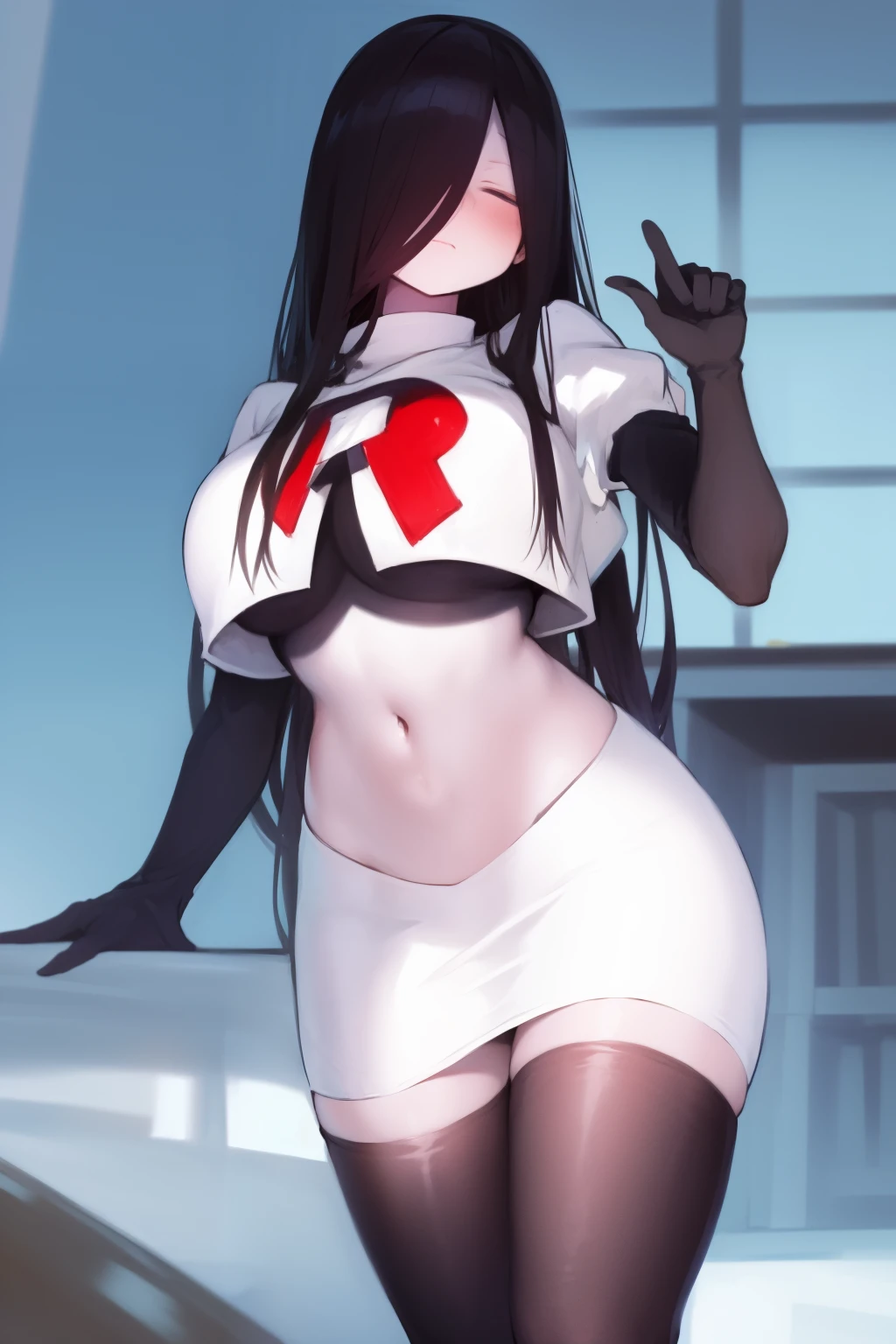 masterpiece, detailed, high quality, absurdres, sadako, (hair over eyes), pale skin, blush, large breasts, curvy, navel, stomach, groin, team rocket,team rocket uniform, red letter R, white skirt,white crop top,black thigh-highs, black elbow gloves,