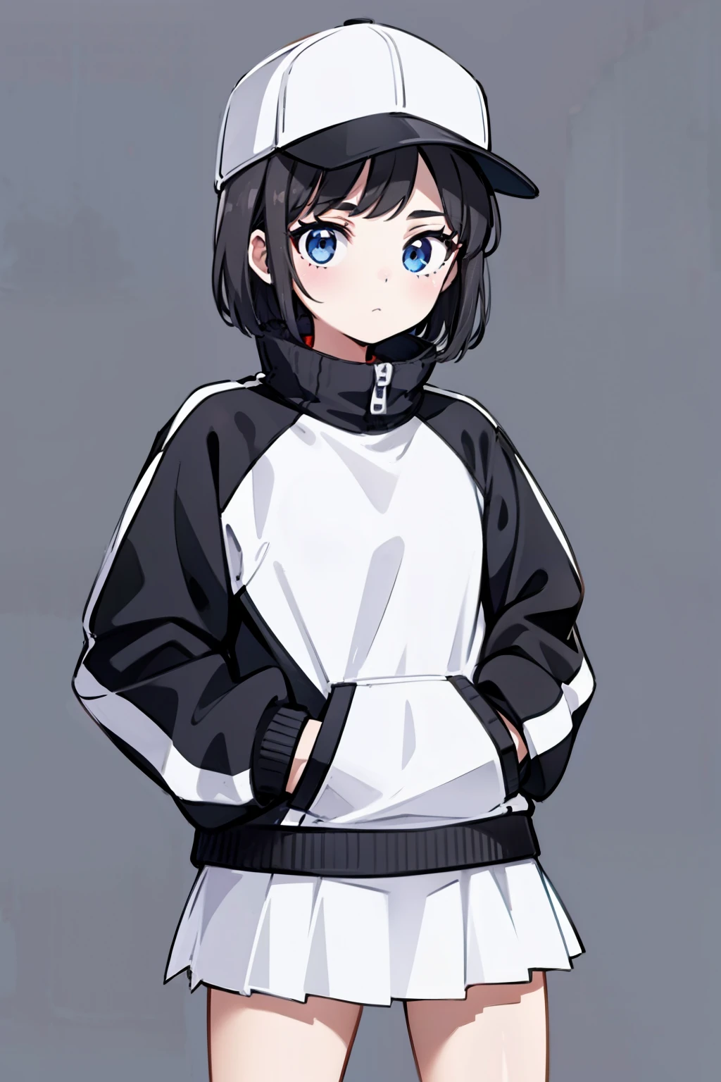 1girl, solo, blue eyes, (detailed eyes), flat chest, short hair, black hair, (baseball hat), white cap, (waterproof jacket), large jacket, (white jacket), skirt, black skirt, black socks, standing, (hands in pockets), (((Closed sweater))), upper body, (white background), Transparent background, looking at viewe, ((masterpiece, illustration, best quality)) 