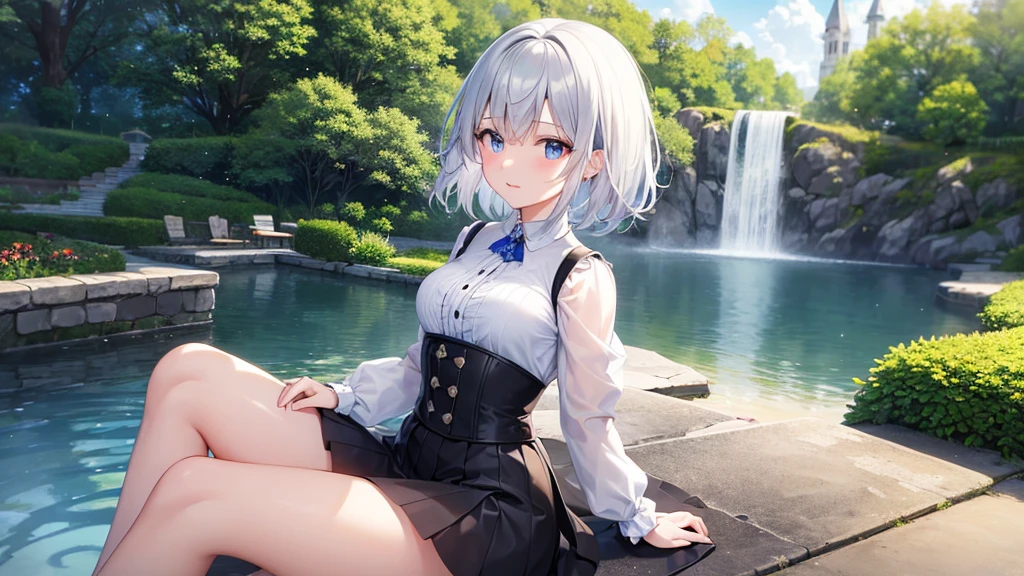 super high quality, with a girl, 20-year-old, とてもshort hair, long bangs between the eyes, pale blue eyes , blue sky, sunlight, very detailed,(masterpiece、highest quality)、alone、gray hair、laughter、White skin as clear as snow、fantasy, silver hair, black eye, beautiful eyes,, ecstasy, charm, be smitten with audience, short hair、fantasyな風景