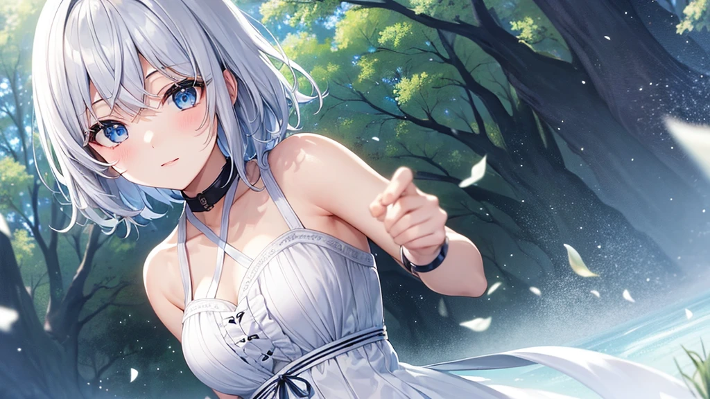 super high quality, with a girl, 20-year-old, とてもshort hair, long bangs between the eyes, pale blue eyes , blue sky, sunlight, very detailed,(masterpiece、highest quality)、alone、gray hair、laughter、White skin as clear as snow、fantasy, silver hair, black eye, beautiful eyes,, ecstasy, charm, be smitten with audience, short hair、fantasyな風景