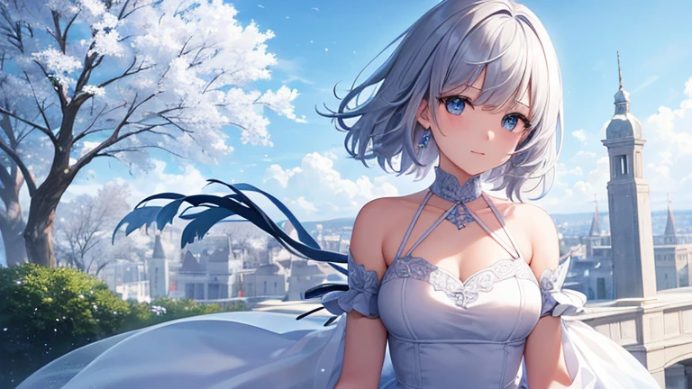 super high quality, with a girl, 20-year-old, とてもshort hair, long bangs between the eyes, pale blue eyes , blue sky, sunlight, very detailed,(masterpiece、highest quality)、alone、gray hair、laughter、White skin as clear as snow、fantasy, silver hair, black eye, beautiful eyes,, ecstasy, charm, be smitten with audience, short hair、fantasyな風景