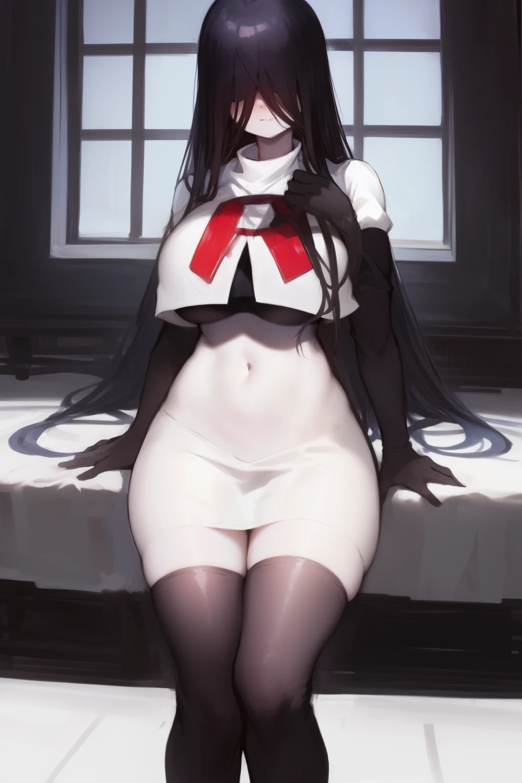 masterpiece, detailed, high quality, absurdres, sadako, (hair over eyes), pale skin, blush, large breasts, curvy, navel, stomach, groin, team rocket,team rocket uniform, red letter R, white skirt,white crop top,black thigh-highs, black elbow gloves,