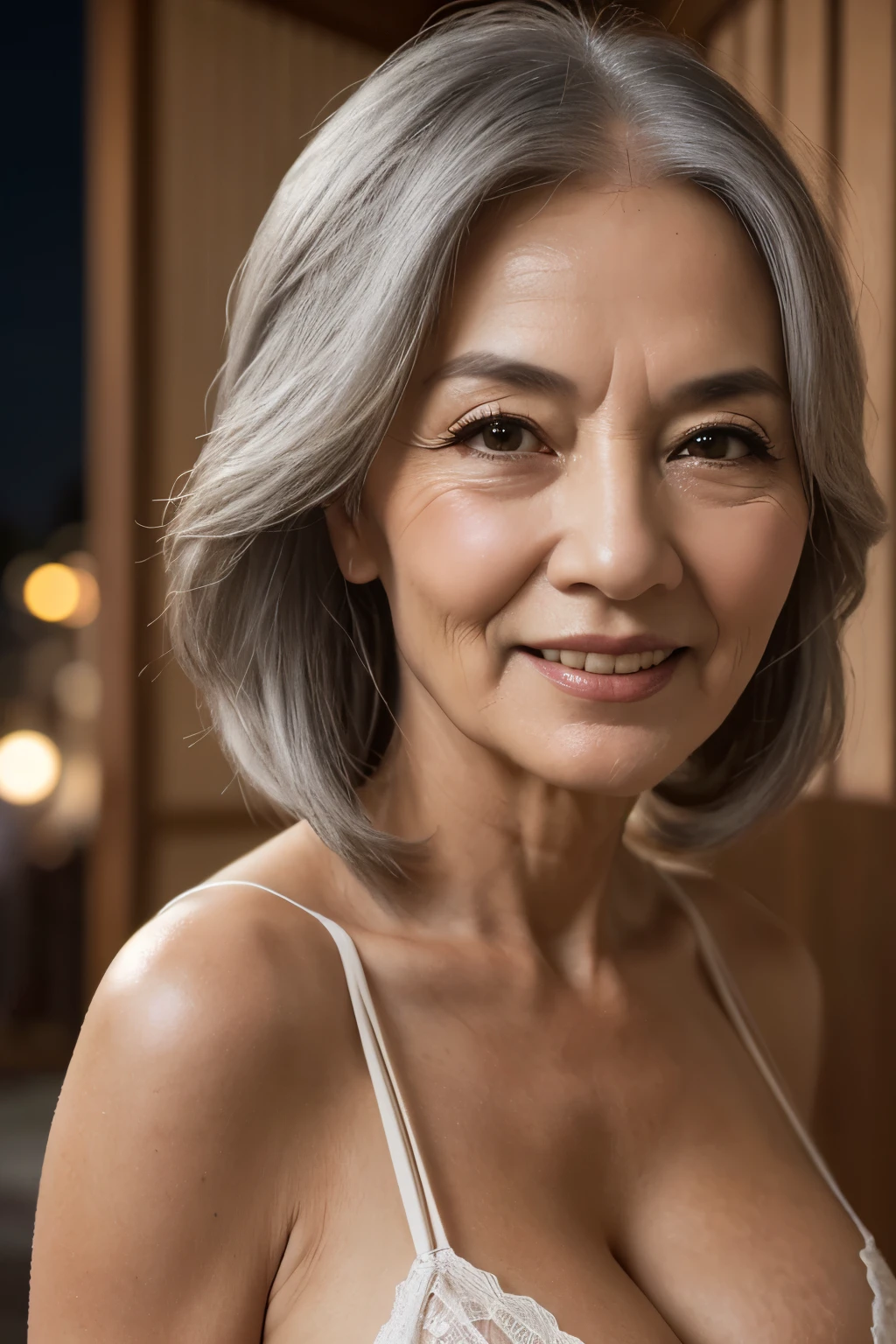 65 years old,(milf:1.2), a captivating gaze,(((long old gray hair))),Brown eyes, (A lot of wrinkles on her face:1.4), (There are many wrinkles on her chest1.4),Old Woman, Detailed wrinkles (8K, High resolution,ultra-quality, An ultra-high picture quality,Ultrarealistic,Best Quality,masuter piece:1.2)(breasts are large,Large cleavage:1.1) ,(Old Woman in Japan) ,sexy langeries,eyes visible through hair, Proper eye position,Cinematic Light,Soft light,lower back,Night time,Soft moonlight,detailed color graded background,Convoluted, ighly detailed,8K,Overall silhouette,Bedrooms,Looking down,smile,