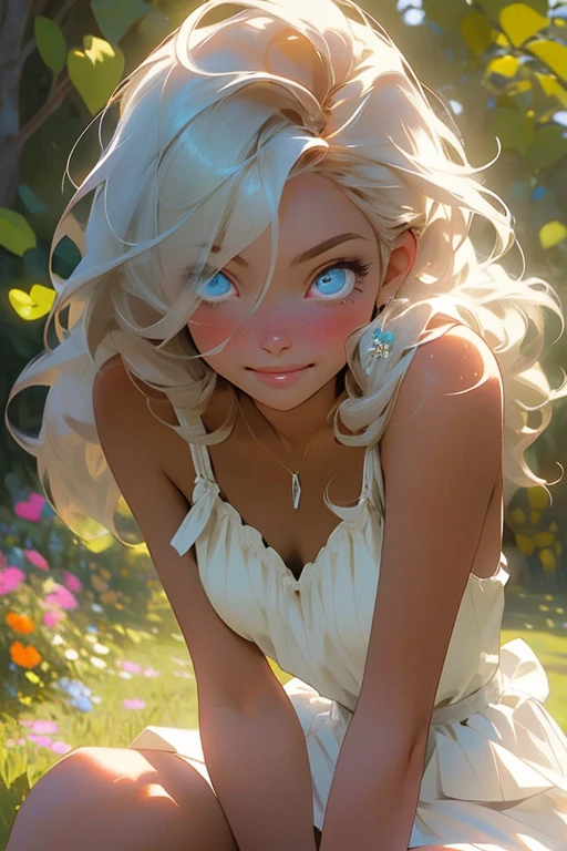 melancholy lighting, quiet, calm, brightness, masterpiece, best quality, 1girl, (JinxLol:1.2), (ultra photorealistic:1.3), (masterpiece:1.4), best quality, ((realistic)), high quality, ultra detailed, ((Real image)), ((realistic skin)), ((realistic face)),(illustration:1.05), (beautiful:1.05), (beautiful detailed eyes:1.05), (cinematic light:1.1), Full body, precise proportions, 18-year-old girl, skinny model lying on the grass, surrounding garden,  tree shadow, hair fluttering in the wind, tulle, long legs, feet slightly open, buttocks, blush, shyness, collarbone, abdominals, double weave, beautiful and delicate face, fair skin, real skin, (face detail), pores, super high resolution, 8k, parameters Best quality, masterpiece, super high resolution, (Realistic 2.0), More details, detailed skin, , wide smile, white teeth, voluminous hair,  perfect and well designed eyes, girlfriend, beautiful, beautiful, flowers, studio lighting