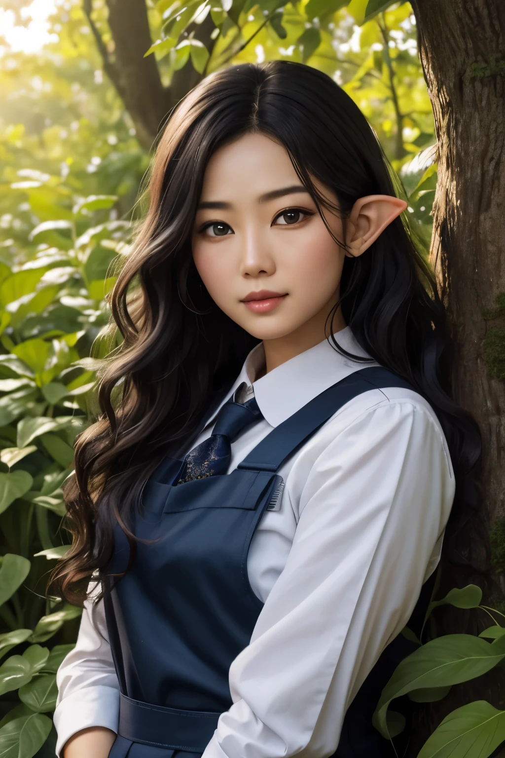 (masterpiece), best quality, expressive eyes, perfect face, A mature Elf lying in the foliage, with big black wavy hair, wearing suspenders, plump figure, delicate facial features, realistic image quality, an Asian woman, approximately age 40 years old, surreal