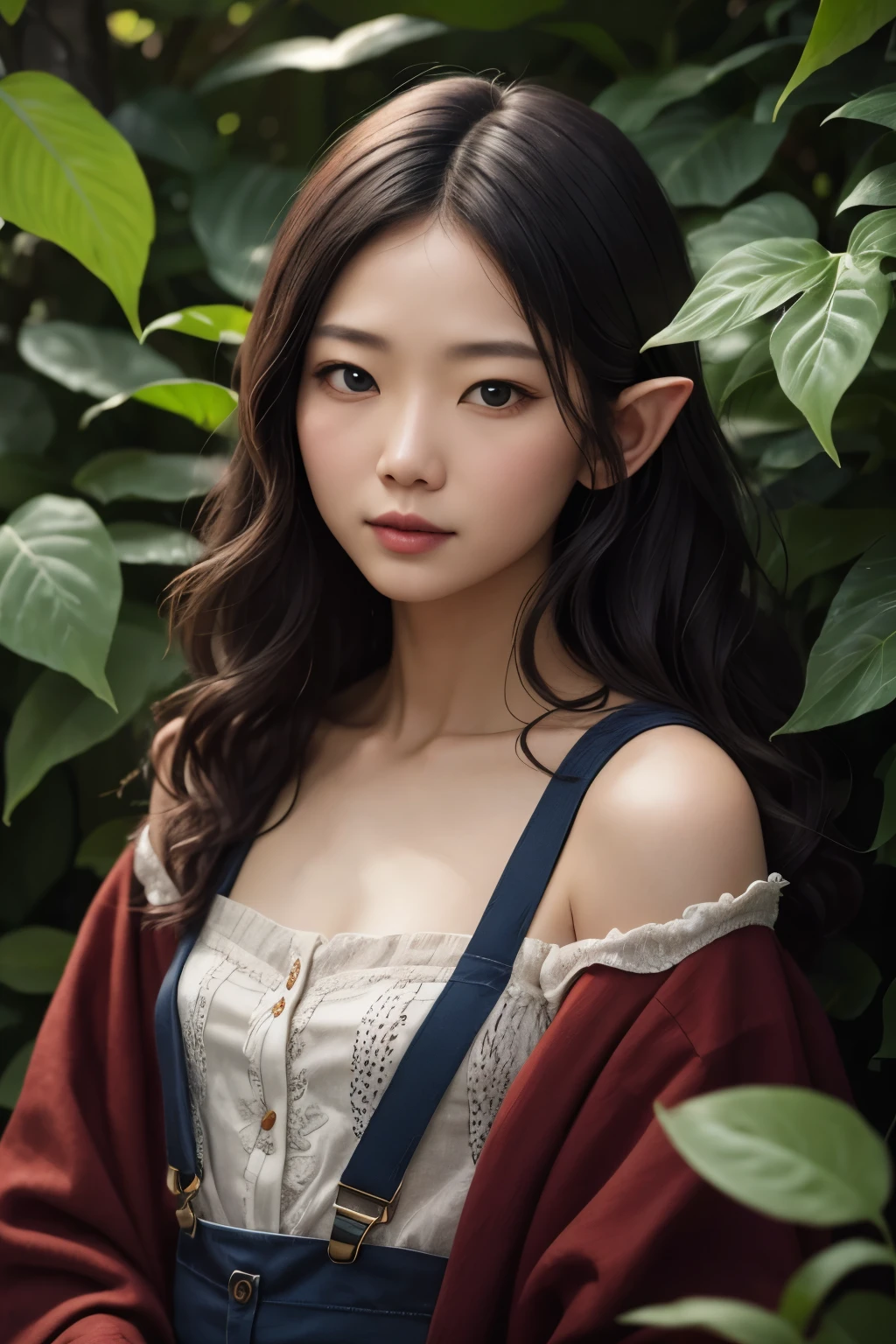 (masterpiece), best quality, expressive eyes, perfect face, A mature Elf lying in the foliage, with big black wavy hair, wearing suspenders, plump figure, delicate facial features, realistic image quality, an Asian woman, approximately age 40 years old, surreal