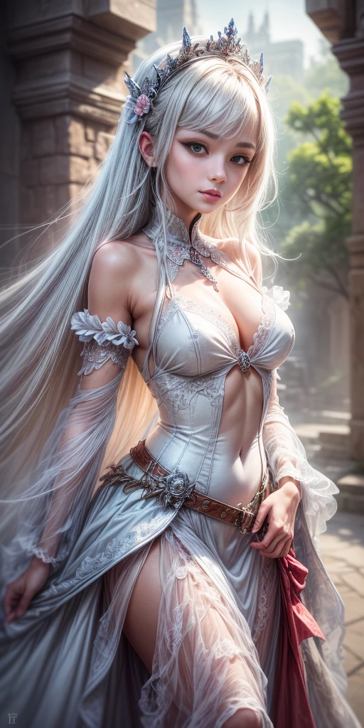 masterpiece、top-quality、in 8K,Detailed and elaborate girls、Embarrassed look,ed blush、Spiteful smile、kawaii faces、the perfect body、Perfect Style、, 1 woman, perfect eyes, long hair, White Hair, glowing, white princess Dress, castle background.