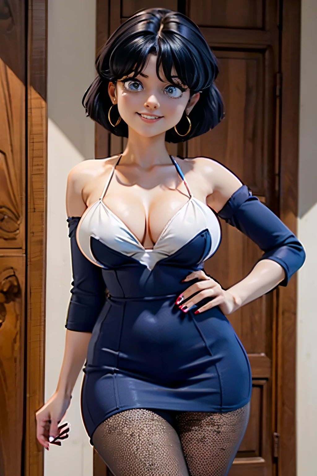 Masterpiece, best quality, ultra detailed, !(beautiful girl smiling), !(She has short black hair, long earrings, big breasts, big butt and big thighs)
, !(She wears a very tight short red-black polka dot dress with a low cut on the chest, tall fishnet pantyhose, thin white strap heels and big colored handles)