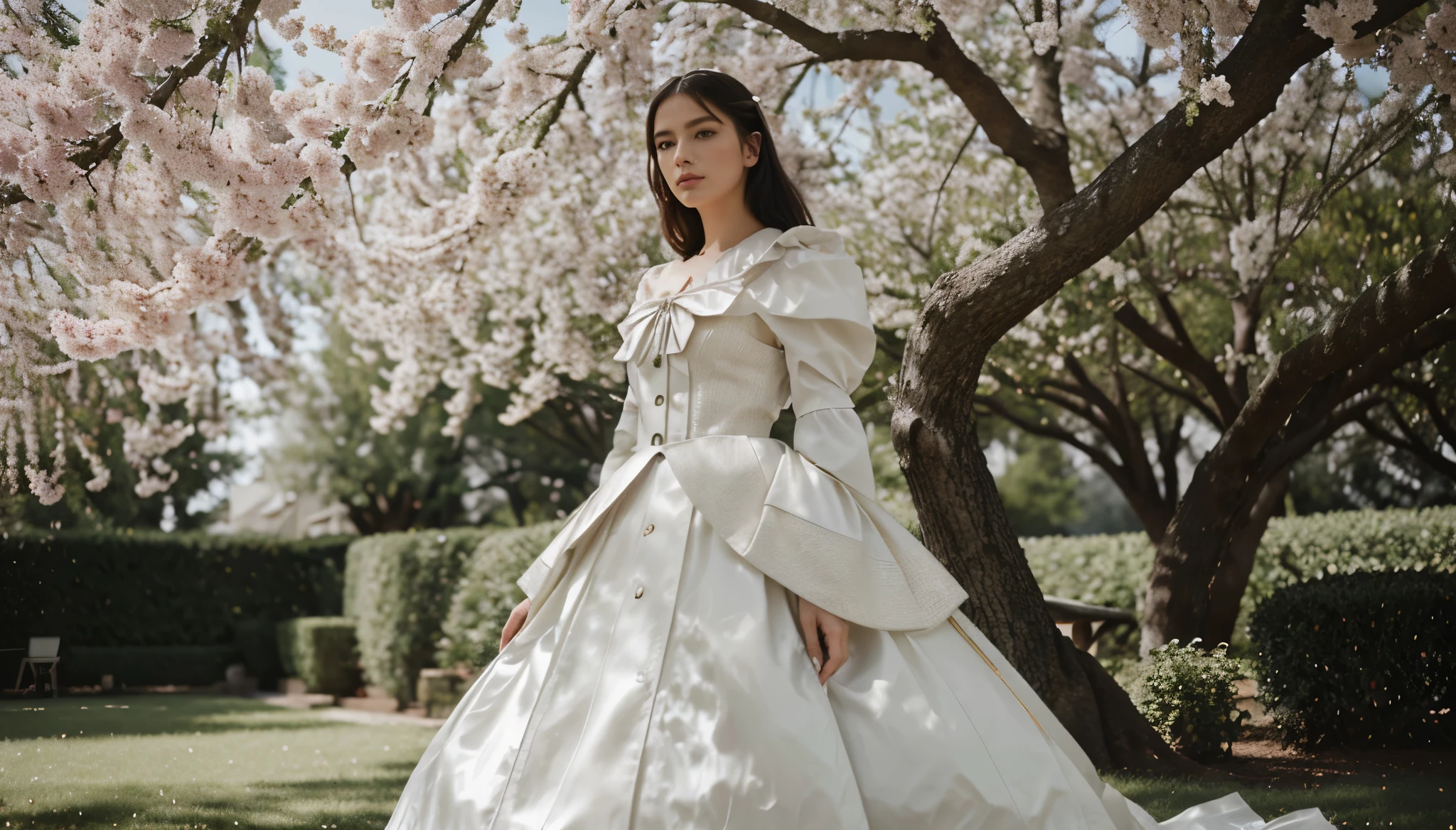 Haute Couture Dior, Spring 2022, dreamy fashion editorial, one woman under tree, ultra-high quality clothing details, ultra-high detailed facial features, realistic fine clothing texture, 8k uhd, dslr, Sigma 200-500mm f/2.8 APO EX DG, (best quality:1.3), (masterpiece:1.1), high resolution, ultra-wide shot, cinematic light, intricate details, (photorealistic)