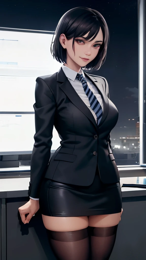 (masterpiece), (highest quality), (perfect face), extremely fine skin pores, (fine skin:1.2), art station, night, office, night sky,
cool girl, Dark Business Jacket, Dark Business Skirt, Thighhighs, black short hair, Clear face, light smile, Are standing, portrait,