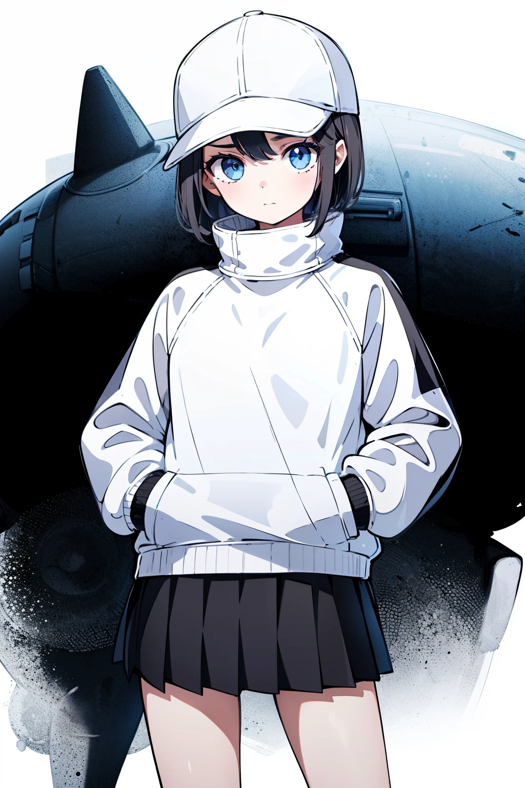 1girl, solo, blue eyes, (detailed eyes), flat chest, short hair, black hair, (baseball cap), white cap, (waterproof jacket), large jacket, (white jacket), skirt, black skirt, black socks, standing, (hands in pockets), (((Closed sweater))), upper body, (white background), Transparent background, looking at viewe, ((masterpiece, illustration, best quality))