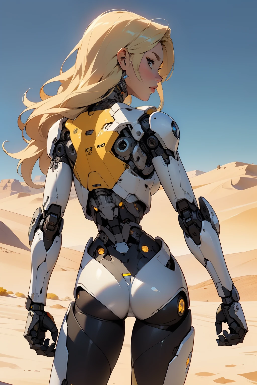 high quality, 4k, masterpiece, beautiful, cyborg girl, cowboy shot, dull eyes, back side, turning around to look at viewer, long blonde hair, girl, small breasts, fit thigh, robotic arms, robotic body, cyborg body, yellow accent, redaccent, intricate detail, joint, detailed lines, robotic detail, holding fist up, holding hand up as fist, color robotic parts, robotic parts with color, perfect fingers, on a desert planet, sunny background, colorful desert,