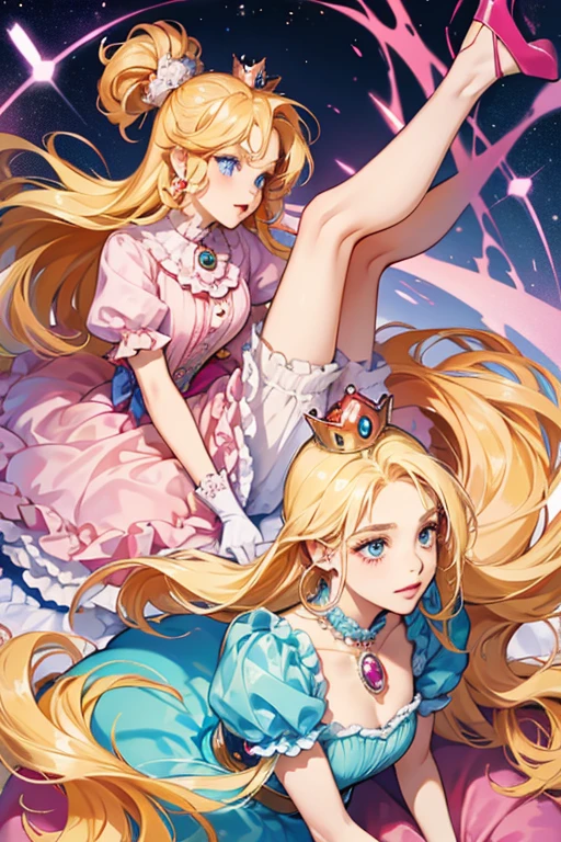 ((Rosalina)), (work of art:1.2, best qualityer), realisitic, (Actual image, details Intricate, Depth of field), ((standing alone:1.2)), highy detailed, Beautiful perfect face, (cutaneous dentition), thick-thighs, (Broad Hips), Waist slender, Cao Cao, ((long blondie hair)), beautiful dark green eyes, (((long blue dress))), ((blue dress:1.2)), Off The Shoulder, ((Gola em U)), ((gigantic breastss:1.3)), sCao Cao Cao Cao, wearing silver crown, blushful, looking ahead at viewer, confident grin, toned body, ((Floating in space)), ((slinky dress:1.3)), neckleace, full body shot shot,