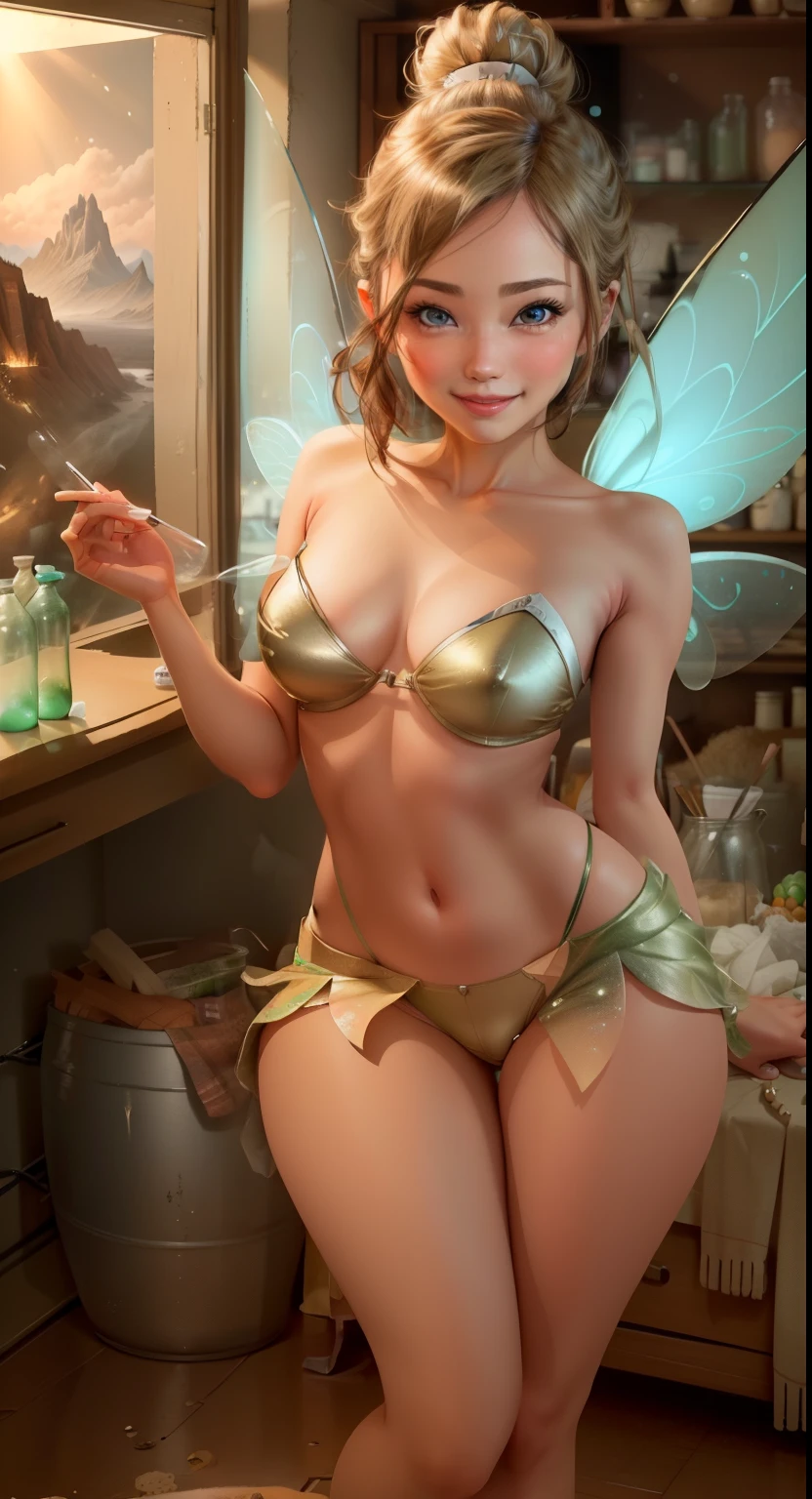 (Tinker Wife:1), smile, cute, cute pose, looking at the viewer, thick thighs, single hair bun hair, short hair, (Strapless Green Dress:1), (fairy wings), sitting, (chest focus:1.2), From above,
(realistic:1.2), (realism), (masterpiece:1.2), (highest quality), (Super detailed), (8K, 4K, Complex),(full body shot:1),(cowboy shot:1.2), (85mm),particles of light, lit, (very detailed:1.2),(detailed face:1.2), (Gradation), software, colorful,(fine eyes:1.2),
(detailed landscape, in a glass bottle:1.2),(detailed background),detailed landscape, (dynamic angle:1.2), (dynamic pose:1.2), (third law_composition:1.3), (Action range:1.2), wide shot, dawn, alone,