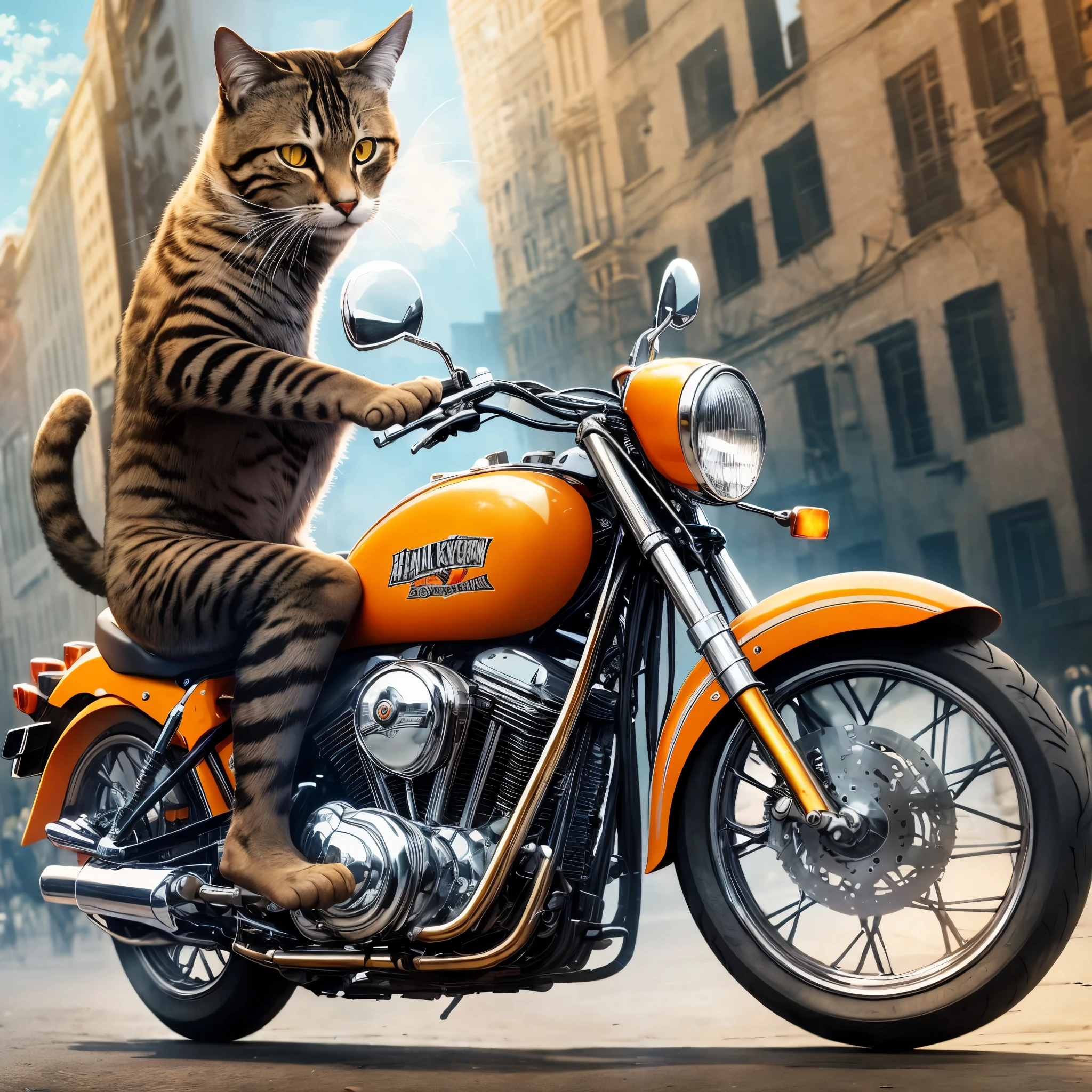 a cat dressed as a gangster riding around the city driving a harley davidson motorcycle --auto --s2