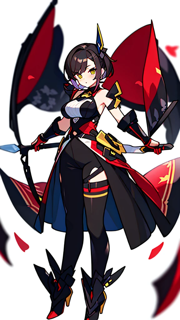 solo female, standing, (((blurry background, white background))), character focus, fantasy clothes, character design, shorts, holding weapon,