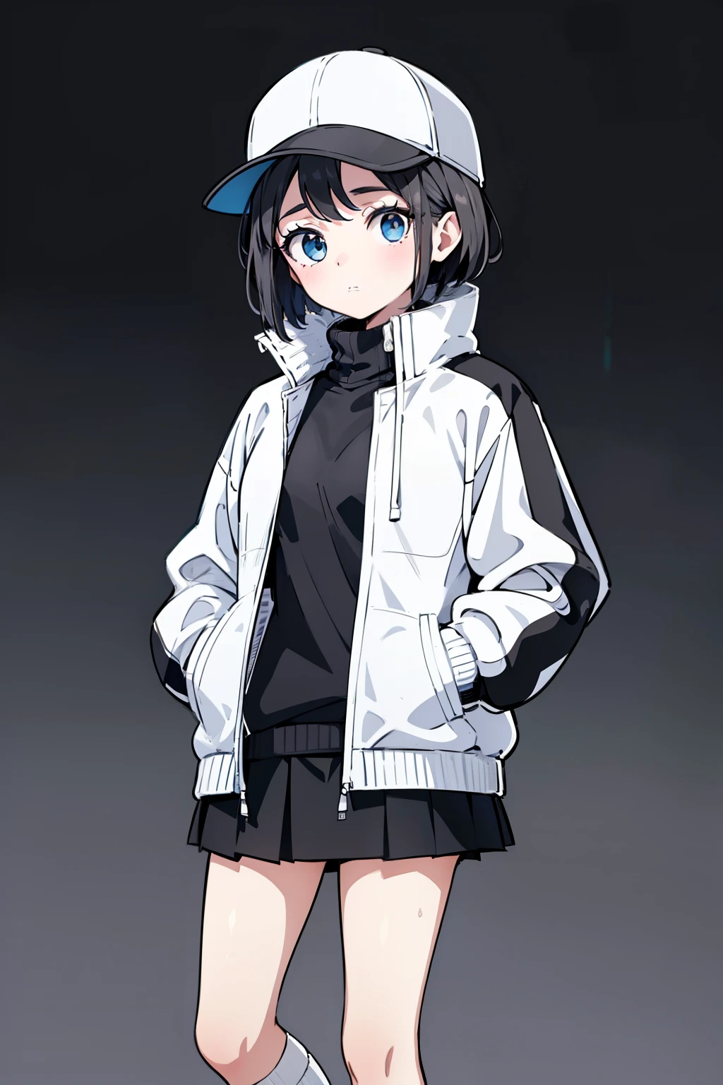 1girl, solo, blue eyes, (detailed eyes), flat chest, short hair, black hair, (baseball cap), white cap, (waterproof jacket), large jacket, (white jacket), skirt, black skirt, black socks, standing, (hands in pockets), (((Closed sweater))), upper body, (white background), Transparent background, looking at viewe, ((masterpiece, illustration, best quality)) 