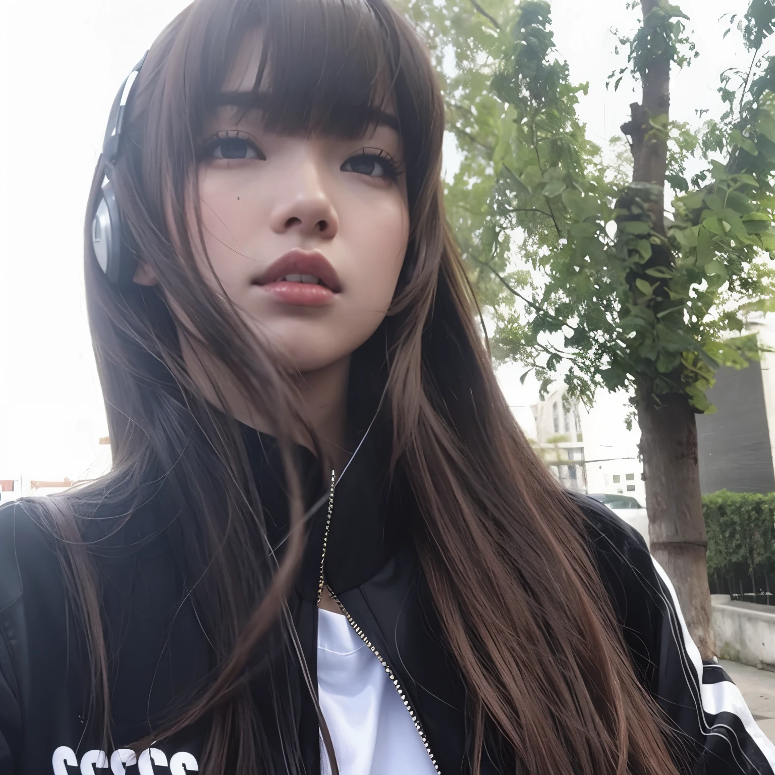 arafed woman com cabelo comprido wearing a black jacket and headphones, Lalisa Manobal, Lalisa Manoban do Blackpink, jossi do blackpink, Ulzzang, long hair com franja completa, com franja completa, com franja, com cabelo comprido, she has black hair com franja, long hair com franja, parque roseanne de blackpink