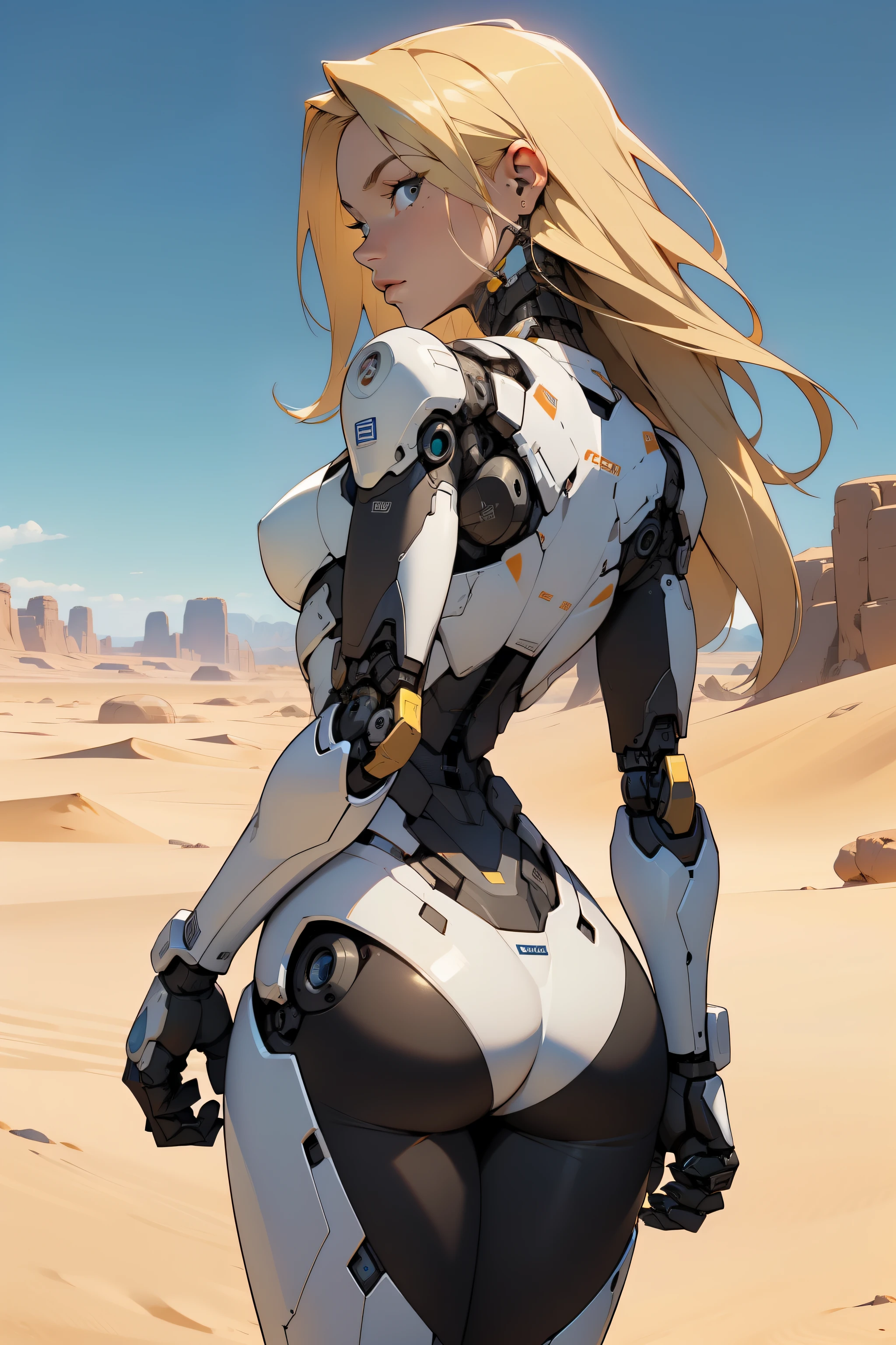 high quality, 4k, masterpiece, beautiful, cyborg girl, cowboy shot, dull eyes, back side, turning around to look at viewer, long blonde hair, girl, small breasts, fit thigh, robotic arms, robotic body, cyborg body, yellow accent, redaccent, intricate detail, joint, detailed lines, robotic detail, holding fist up, holding hand up as fist, color robotic parts, robotic parts with color, perfect fingers, on a desert planet, sunny background, colorful desert,