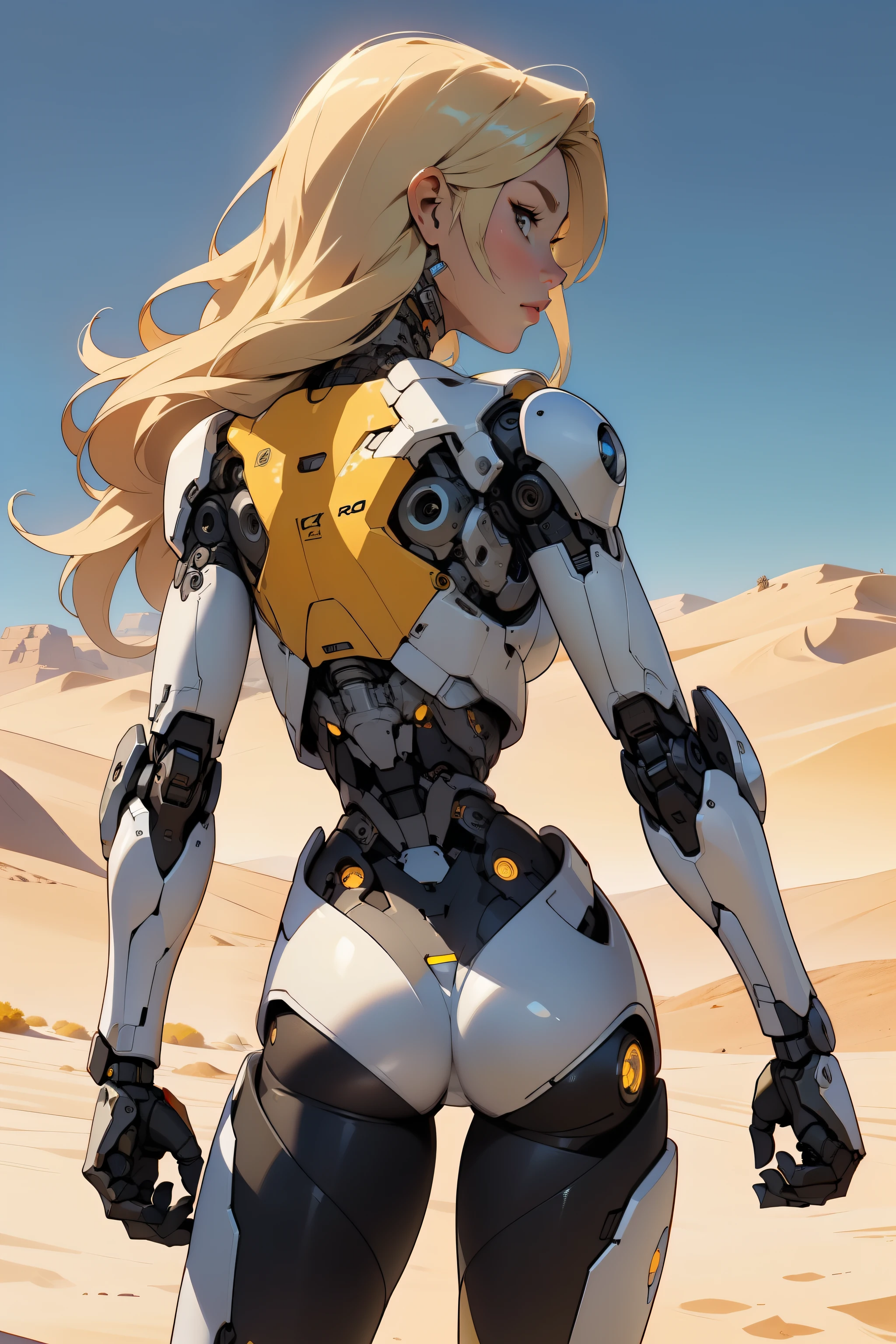 high quality, 4k, masterpiece, beautiful, cyborg girl, cowboy shot, dull eyes, back side, turning around to look at viewer, long blonde hair, girl, small breasts, fit thigh, robotic arms, robotic body, cyborg body, yellow accent, redaccent, intricate detail, joint, detailed lines, robotic detail, holding fist up, holding hand up as fist, color robotic parts, robotic parts with color, perfect fingers, on a desert planet, sunny background, colorful desert,