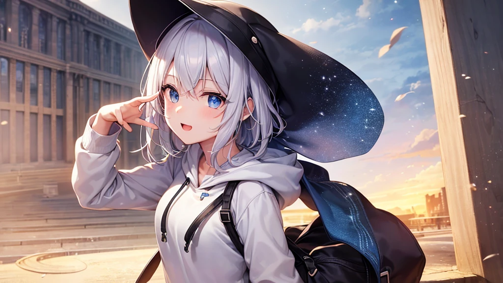 super high quality, with a girl, 20-year-old, とてもshort hair, long bangs between the eyes, pale blue eyes , blue sky, sunlight, very detailed,(masterpiece、highest quality)、alone、gray hair、laughter、White skin as clear as snow、fantasy, silver hair, black eye, beautiful eyes,, ecstasy, charm, be smitten with audience, short hair、fantasyな風景、white hoodie、Hoodie with open front