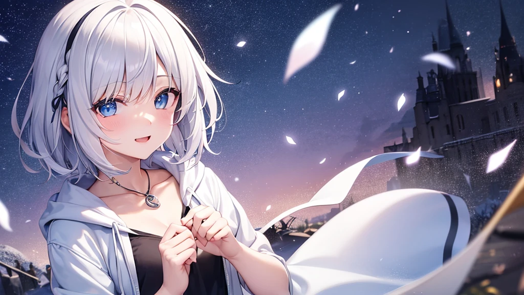 super high quality, with a girl, 20-year-old, とてもshort hair, long bangs between the eyes, pale blue eyes , blue sky, sunlight, very detailed,(masterpiece、highest quality)、alone、gray hair、laughter、White skin as clear as snow、fantasy, silver hair, black eye, beautiful eyes,, ecstasy, charm, be smitten with audience, short hair、fantasyな風景、white hoodie、Hoodie with open front