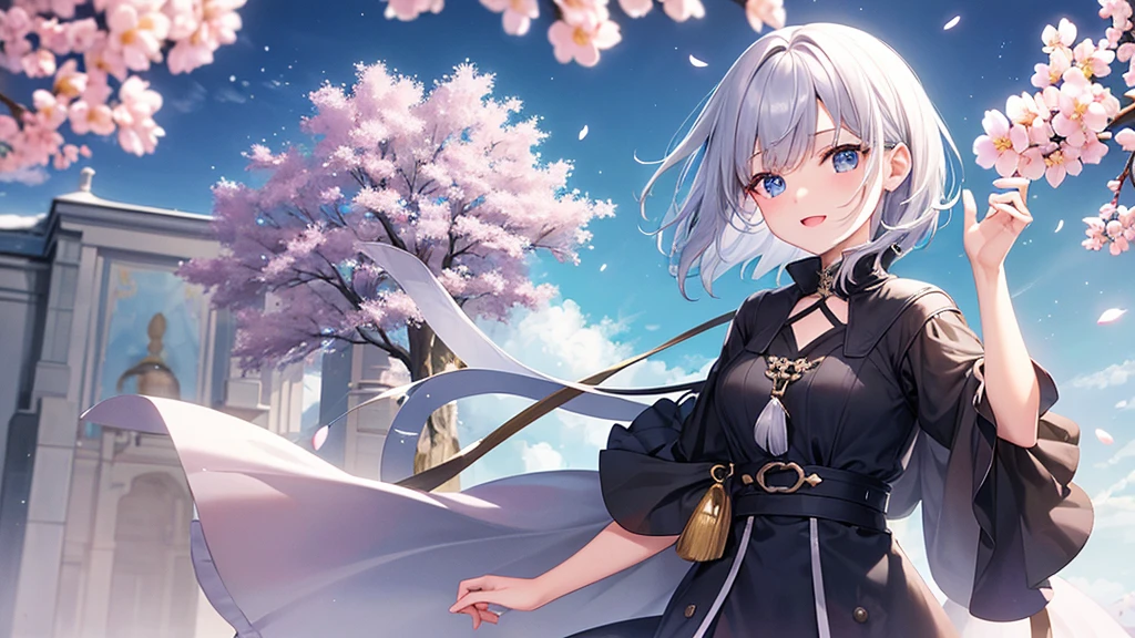 super high quality, with a girl, 20-year-old, とてもshort hair, long bangs between the eyes, pale blue eyes , blue sky, sunlight, very detailed,(masterpiece、highest quality)、alone、gray hair、laughter、White skin as clear as snow、fantasy, silver hair, black eye, beautiful eyes,, ecstasy, charm, be smitten with audience, short hair、fantasyな風景、cherry blossoms falling
