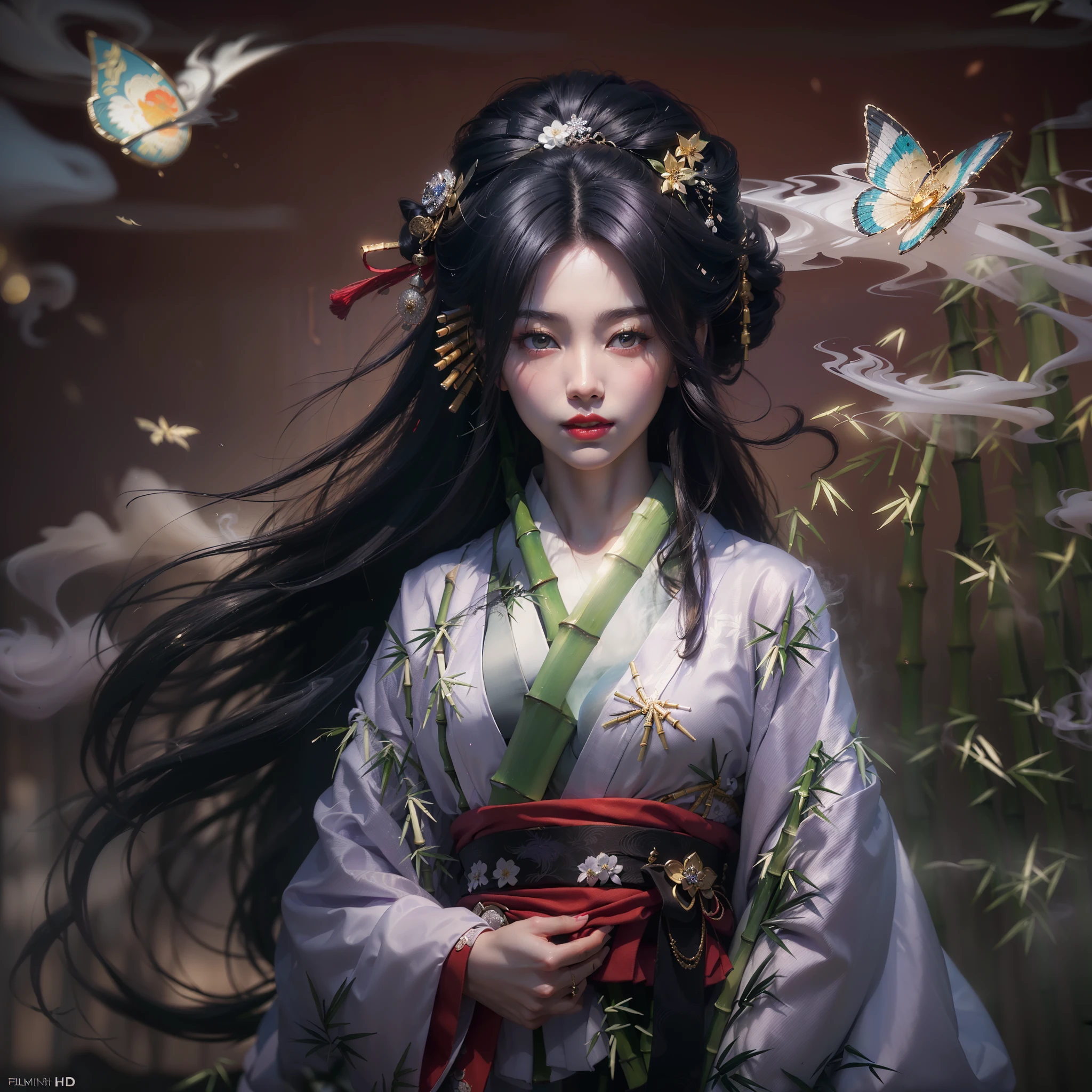 (Numerous award-winning masterpieces, with incredible detail, textures and maximum detail), (hyper realistic:1.4), (realistic:1.3), (Full body image:1.9), (upper body up:0.2), (transparent strangely white skin with the highest quality realistic texture), (The one she holds in her hand is a straight Japanese sword with delicate decorations that emits a mysterious light: 1.8), (Geisha warrior swinging a sword: 1.8), (five perfect and beautiful fingers:1.4), (Japanese folktale geisha warrior: 1.8), (Beautiful long black hair fluttering in the wind:1.8), (Her hairstyle is a beautiful Japanese geisha hairstyle:1.8), (Her hair is decorated with lots of kanzashi, a Japanese hair ornament: 1.4), (wearing a decadent and extravagant Japanese kimono: 1.8), (She has a smile on her blood-red lips: 1.7), (Japanese dark eyes with precise circular symmetry), (Detailed and breathtakingly beautiful face: 1.6), (Image of aesthetic and decadent atmosphere: 1.8), (fair but beautiful skin and face: 1.6), (wearing many decadent and delicately crafted accessories: 1.8), (Bioluminescent bright black eyes: 1.7), (Depraved Beauty: 1.8), (A pair of black eyes with strong black light emitting from within:1.7), (Less skin exposure:1.5), (Strong moonlight shining from overhead: 1.7), ((dramatic photo)), ((cinematic light)), (Full body image:1.9), (looks up), (looking down), (dramatic pose), (smoke effects and bewitching light:1.4), beautiful white hair, beautiful silver hair, (Bamboo thicket: 1.8), Wind Effects, (Cherry blossom petals falling in the wind: 0.8), (Lightning running in the sky:0.8), wind and rain, (Drifting purple smoke: 1.3), (Dark nights, full moon nights, crescent moon night), epic realistic, faded, ((neutral colors)), art, (hdr:1.5), (muted colors:1.2), hyper detailed, (art station:1.5), cinematic, warm lights, light effect, dramatic light, (intricate details:1.1), complex background, (Greg Rutkowski:0.8), (teal and orange:0.4),