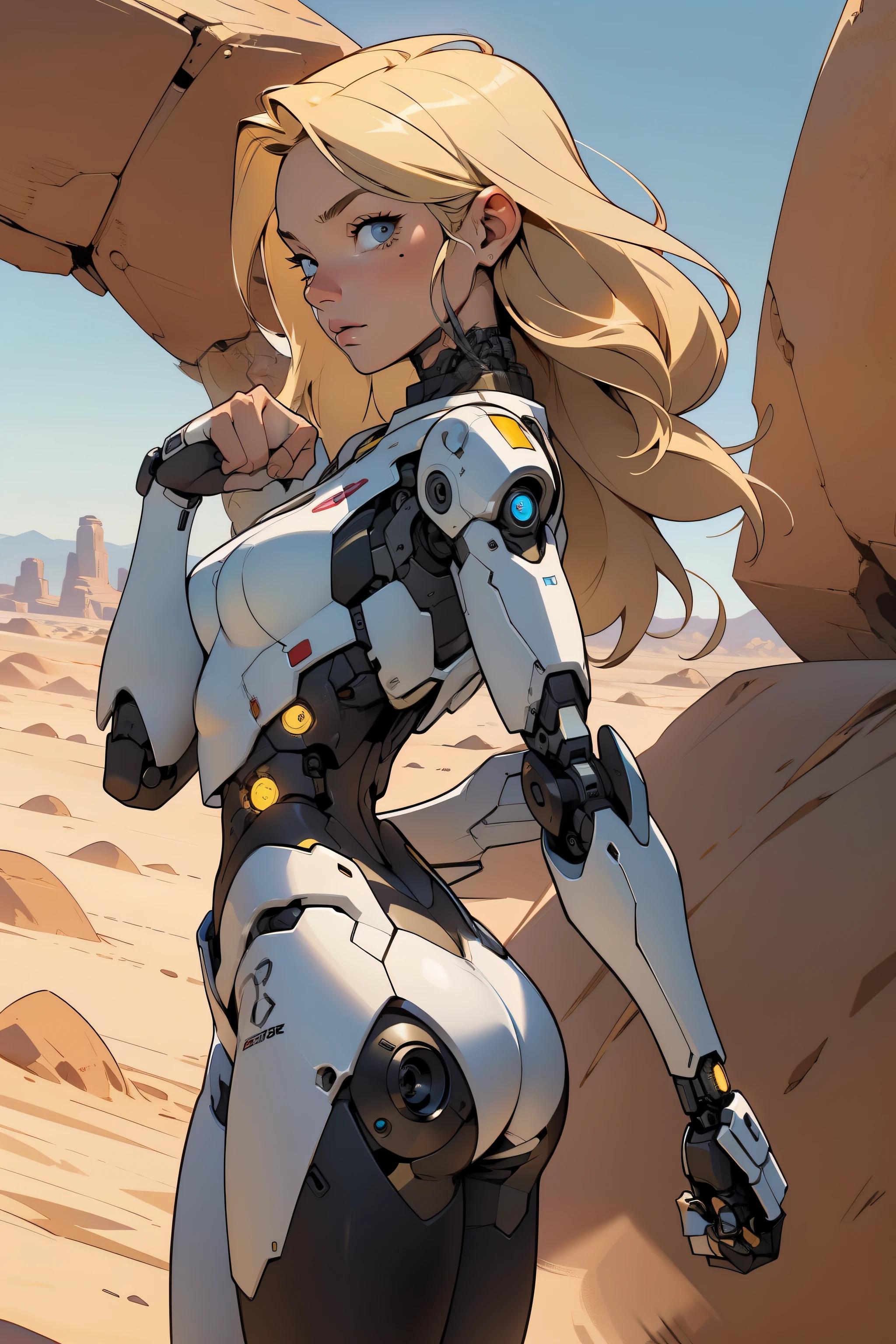 high quality, 4k, masterpiece, beautiful, cyborg girl, cowboy shot, dull eyes, back side, turning around to look at viewer, long blonde hair, girl, small breasts, fit thigh, robotic arms, robotic body, cyborg body, yellow accent, redaccent, intricate detail, joint, detailed lines, robotic detail, holding fist up, holding hand up as fist, color robotic parts, robotic parts with color, perfect fingers, on a desert planet, sunny background, colorful desert,
