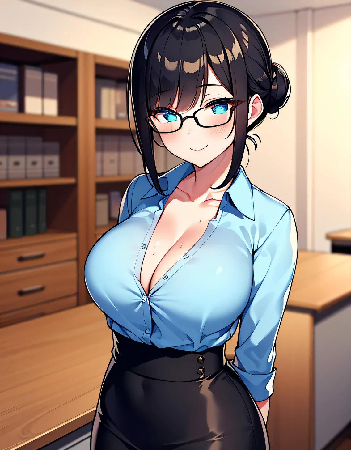((1 girl)),((alone)), (big breasts:1.5), blue shirt,cleavage,Glasses, collared shirt,Tight Skirt,bun hair, looking at the viewer,(single bun hair:1.2),(Sensitive smile:1.2), clavicle, blush, office lady, office room,machine,((highest quality)),((masterpiece)),(beautiful and fine eyes:1.5),8K UHD,highly detailed face,perfect image,turn your arms behind your back,Glossy and shiny,perfect anatomy,mature woman,セクシーなmature woman,30 years old,slim waist,(black hair),shiny hair,