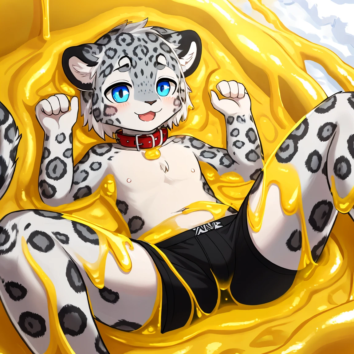A small male snow leopard wearing black boxers,Dive into golden slime,into the slime,((Thighs covered with golden mucus)),Golden slime falls on the little snow leopard'Body,blue pupils,collar