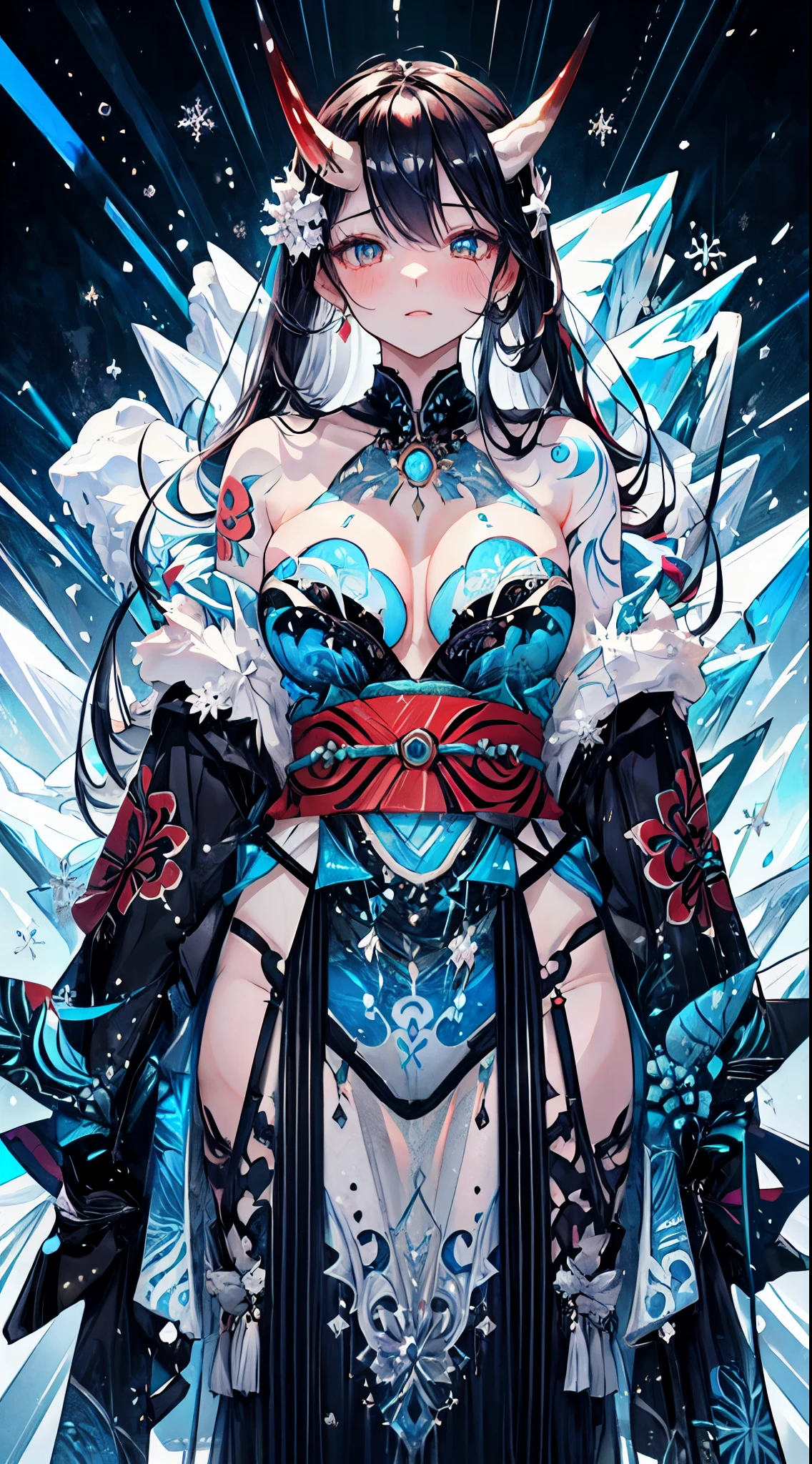 Yuki onna,frosty theme (masterpiece, top quality, best quality, official art, beautiful and aesthetic:1.2), detailed sexy costume,Extreme detailed,Sexy Demon, 1 girl, large breasts, , (one oni horn:1.2), frost around,blue ice power, glowing body, sexy, , Colorful, Highest detailed, Cold light, tatoos